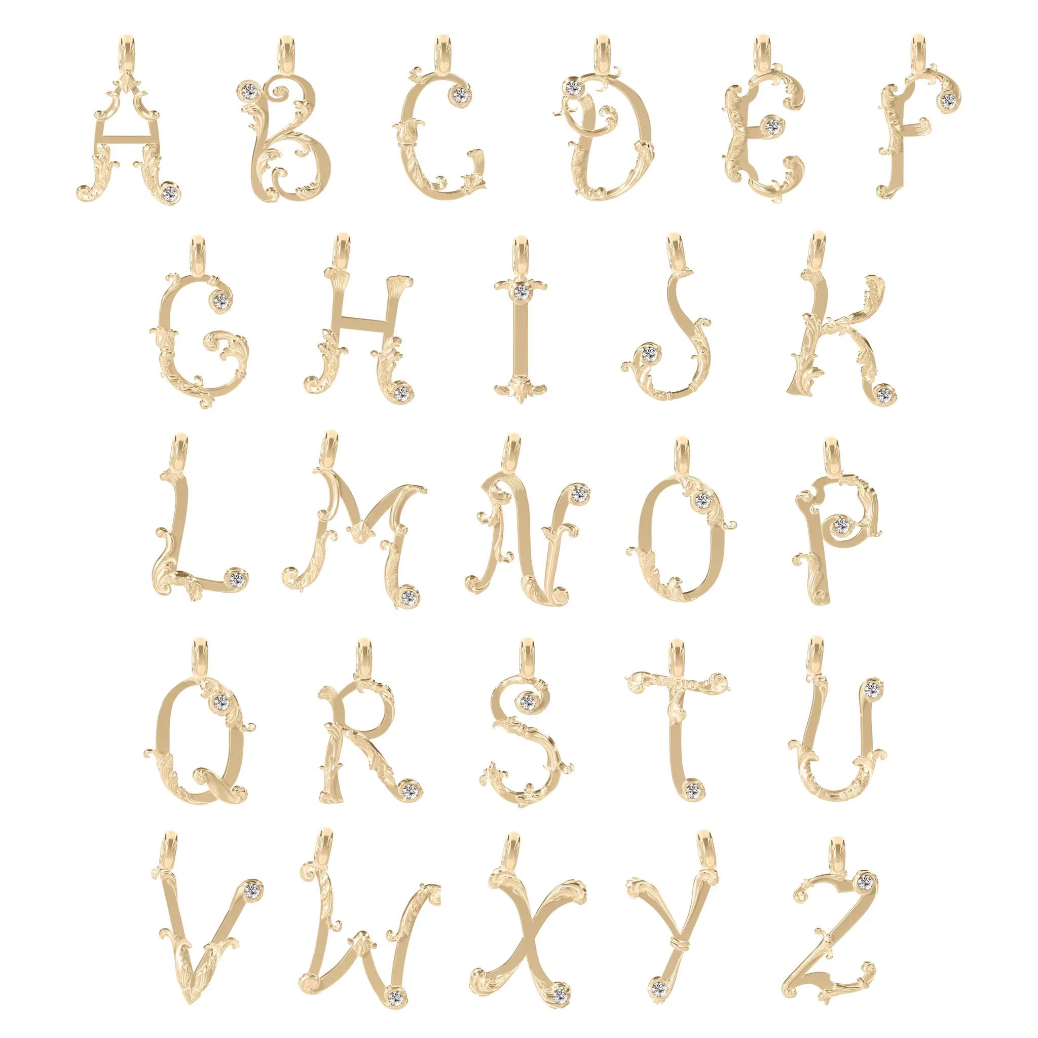 14K Gold Diamond Set Baroque Letter Charms