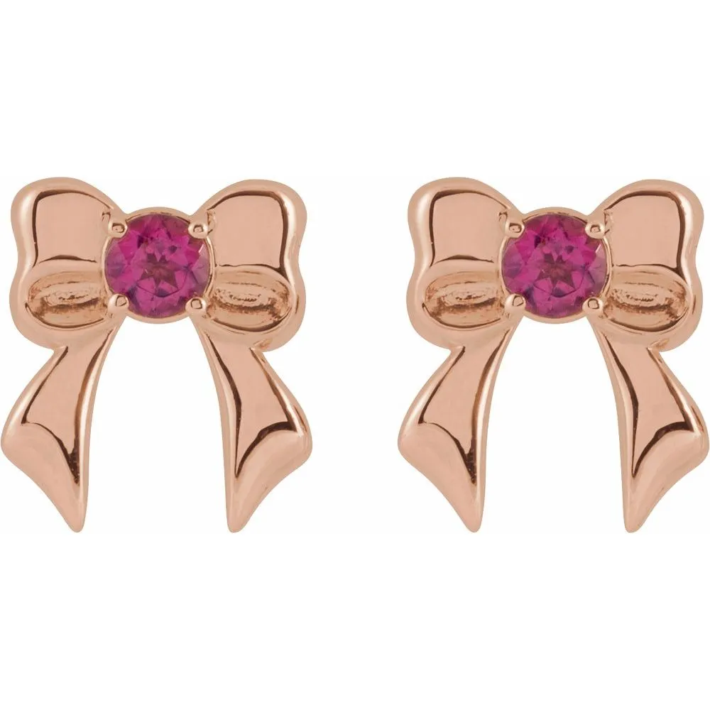 14K Gold Natural Pink Tourmaline Bow Stud Earrings