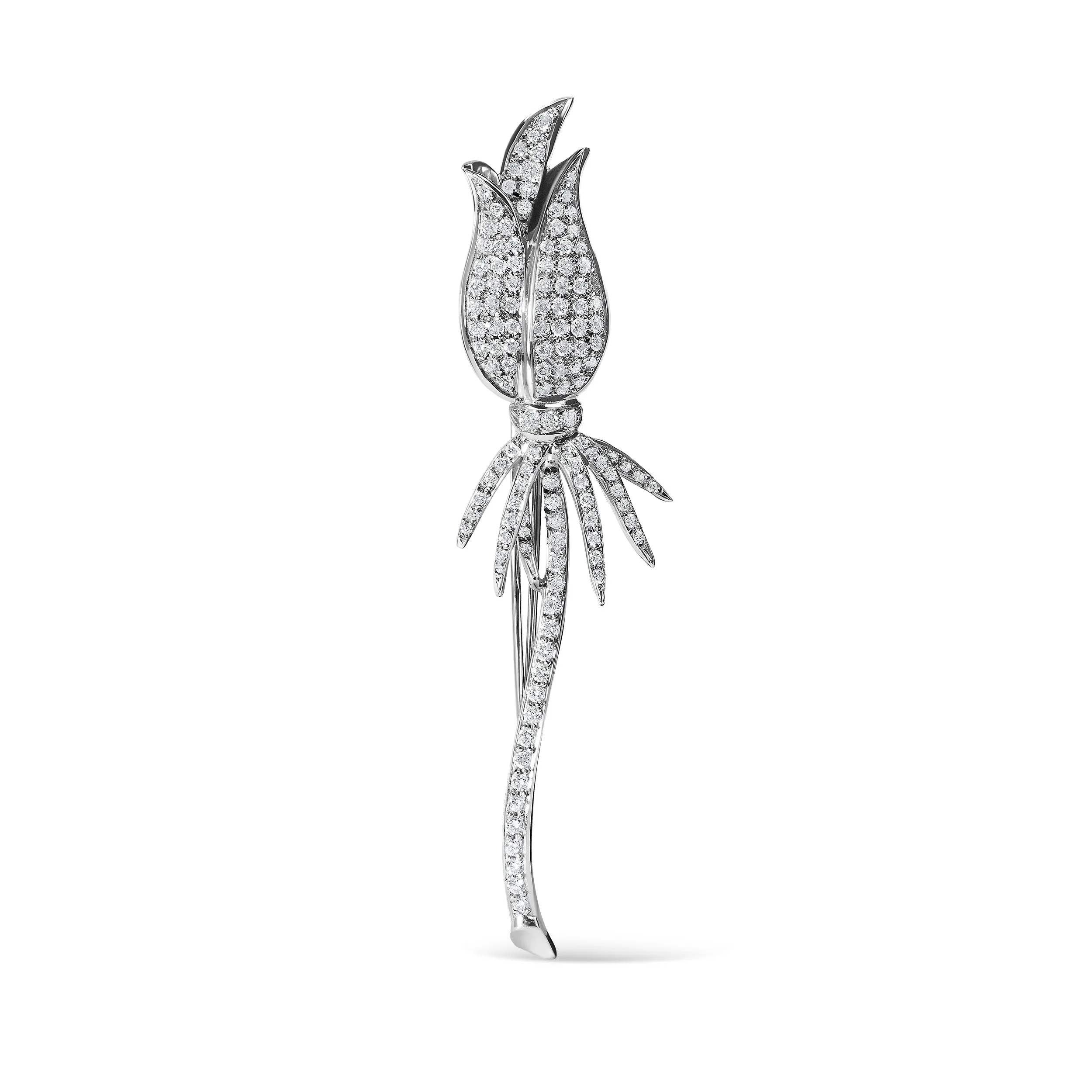 18K White Gold 1 3/5 Cttw Pave Set Diamond Tulip Brooch Pin