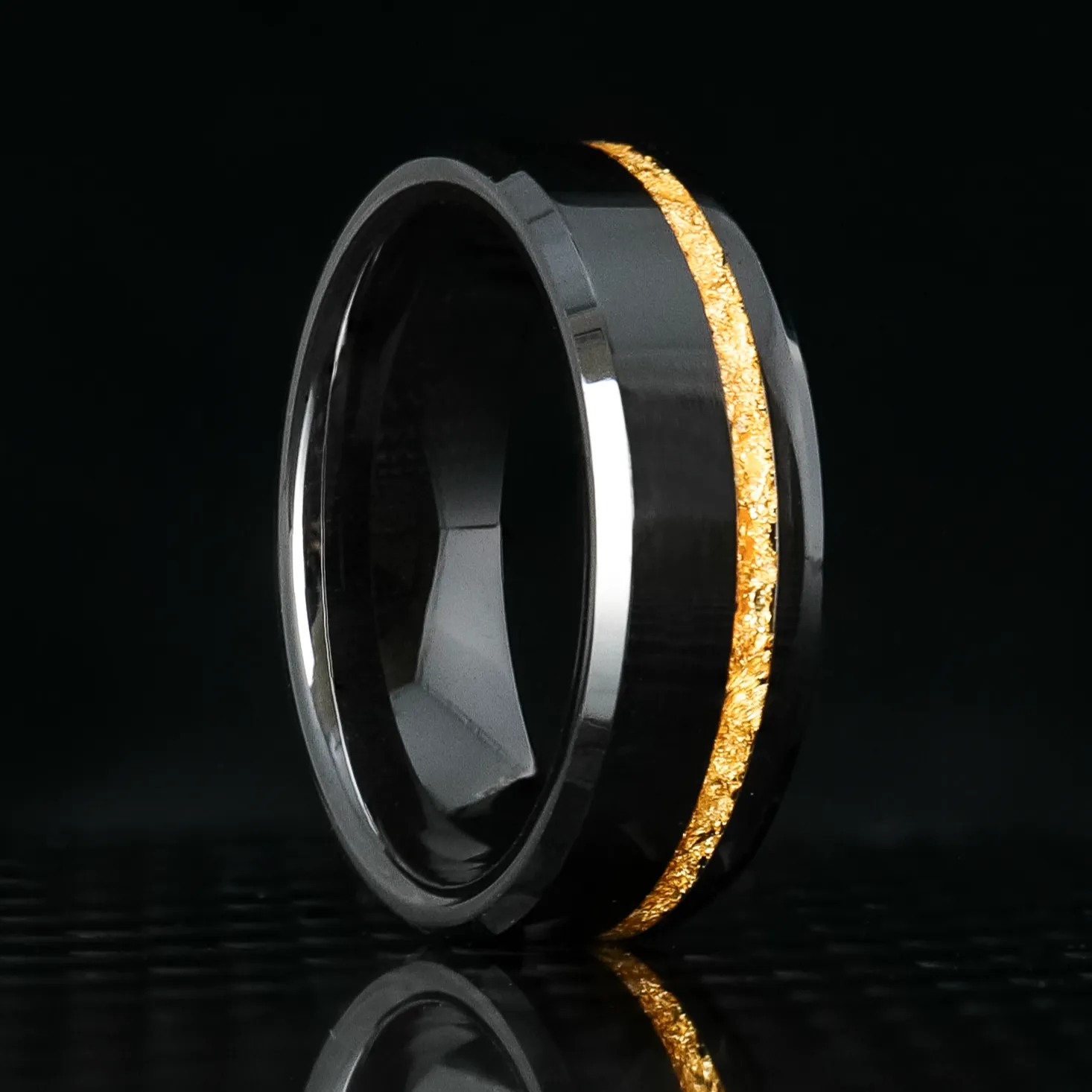 24K Gold Leaf Ring on Black Ceramic | Offset Inlay
