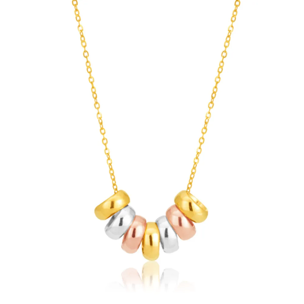 9ct Three Tone Gold 7 Rings of Luck Pendant with a 45cm cable Chain Shiels