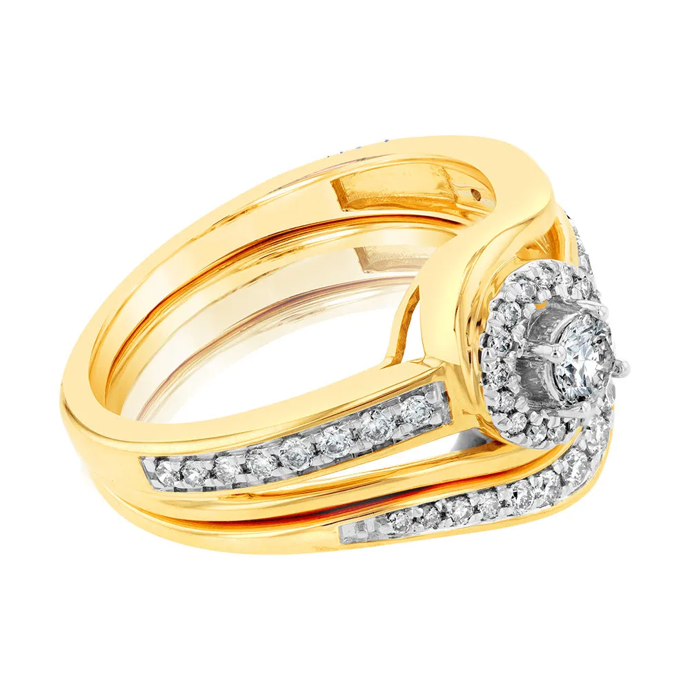 9ct Yellow Gold 1/2 Carat Diamond Bridal Set Ring with Halo Setting Shiels