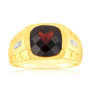 9ct Yellow Gold with 1Garnet & Small Diamond Men Ring Shiels