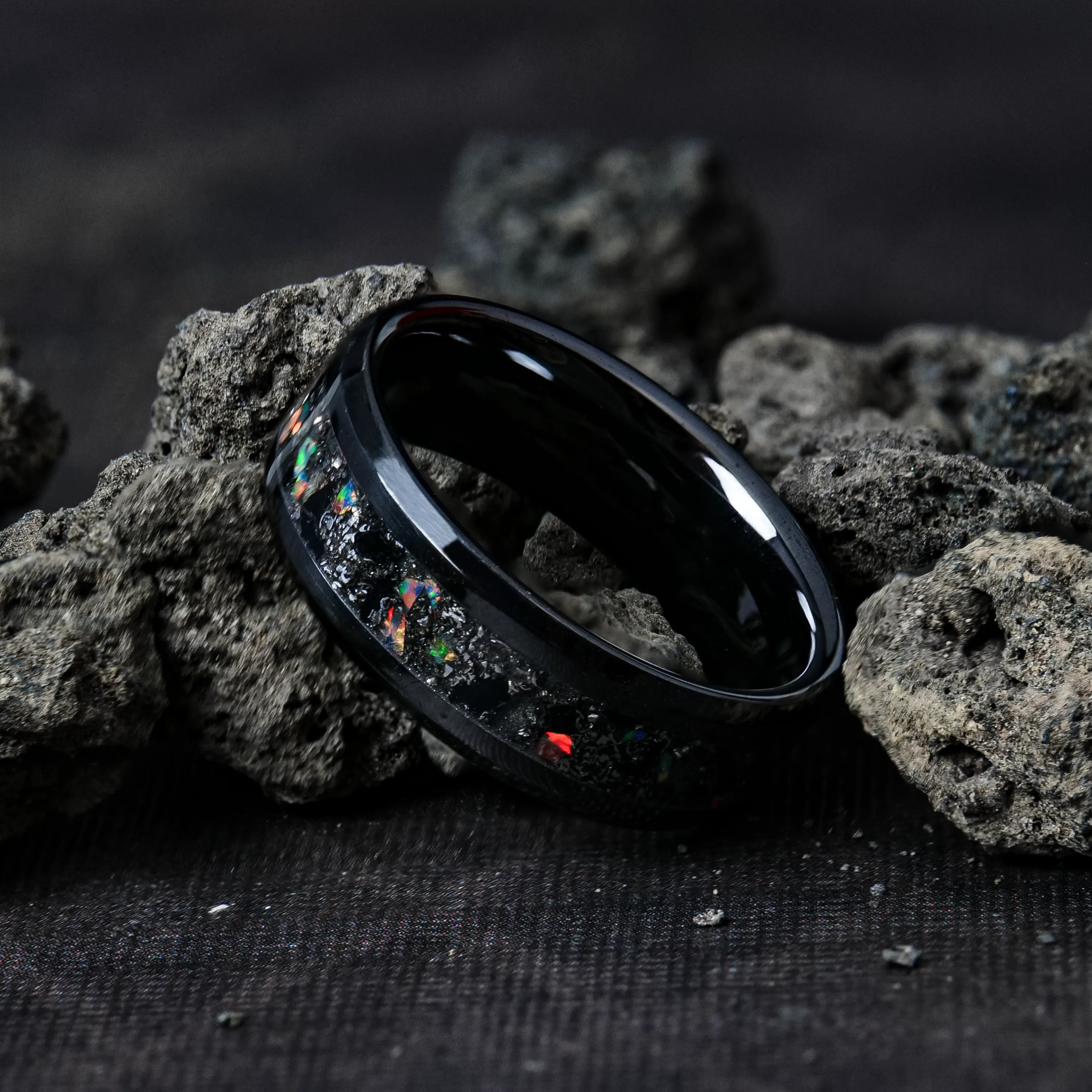 Black Tourmaline Glowstone Ring on Black Ceramic