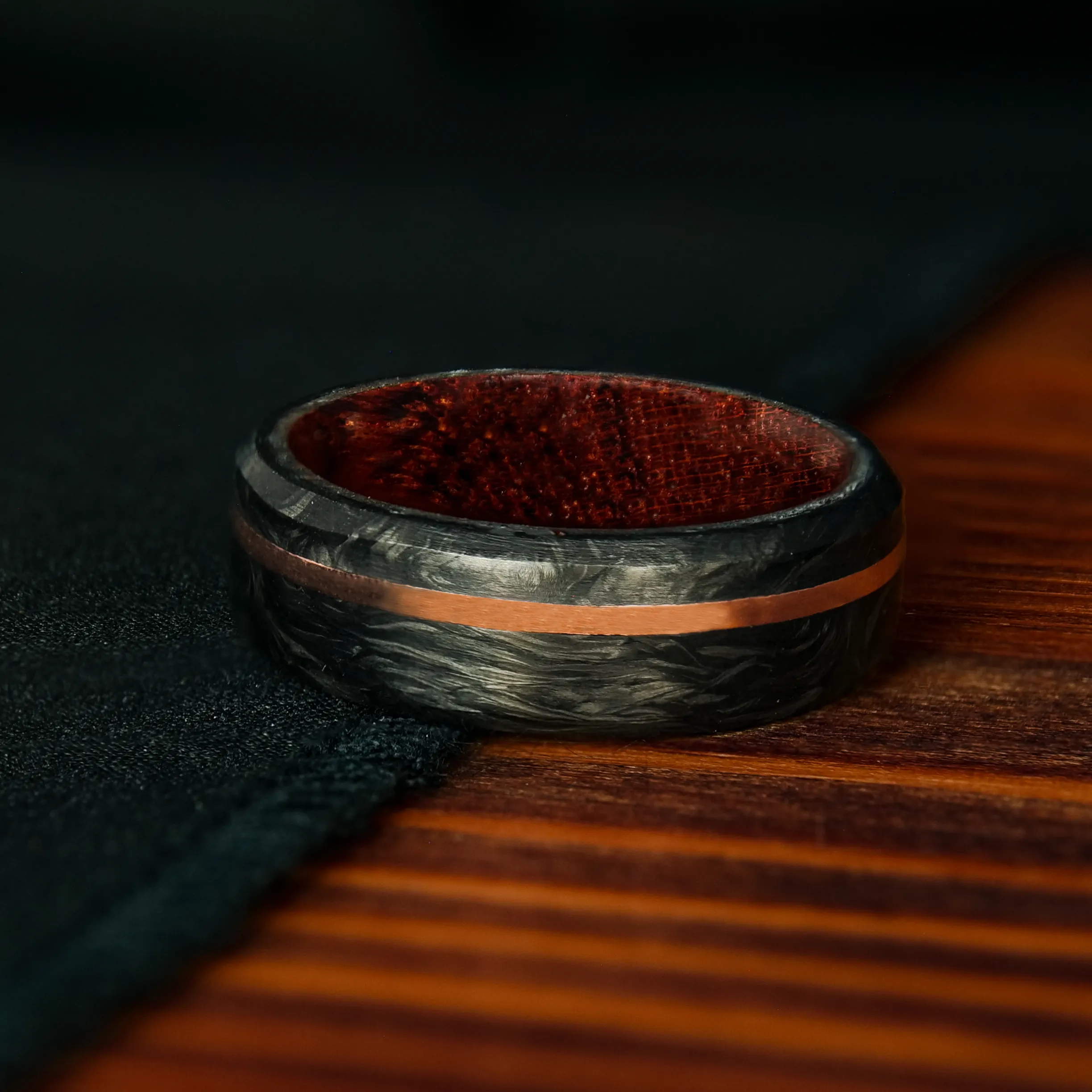 Forged Carbon Fiber and Gold Ring with Koa Wood Liner