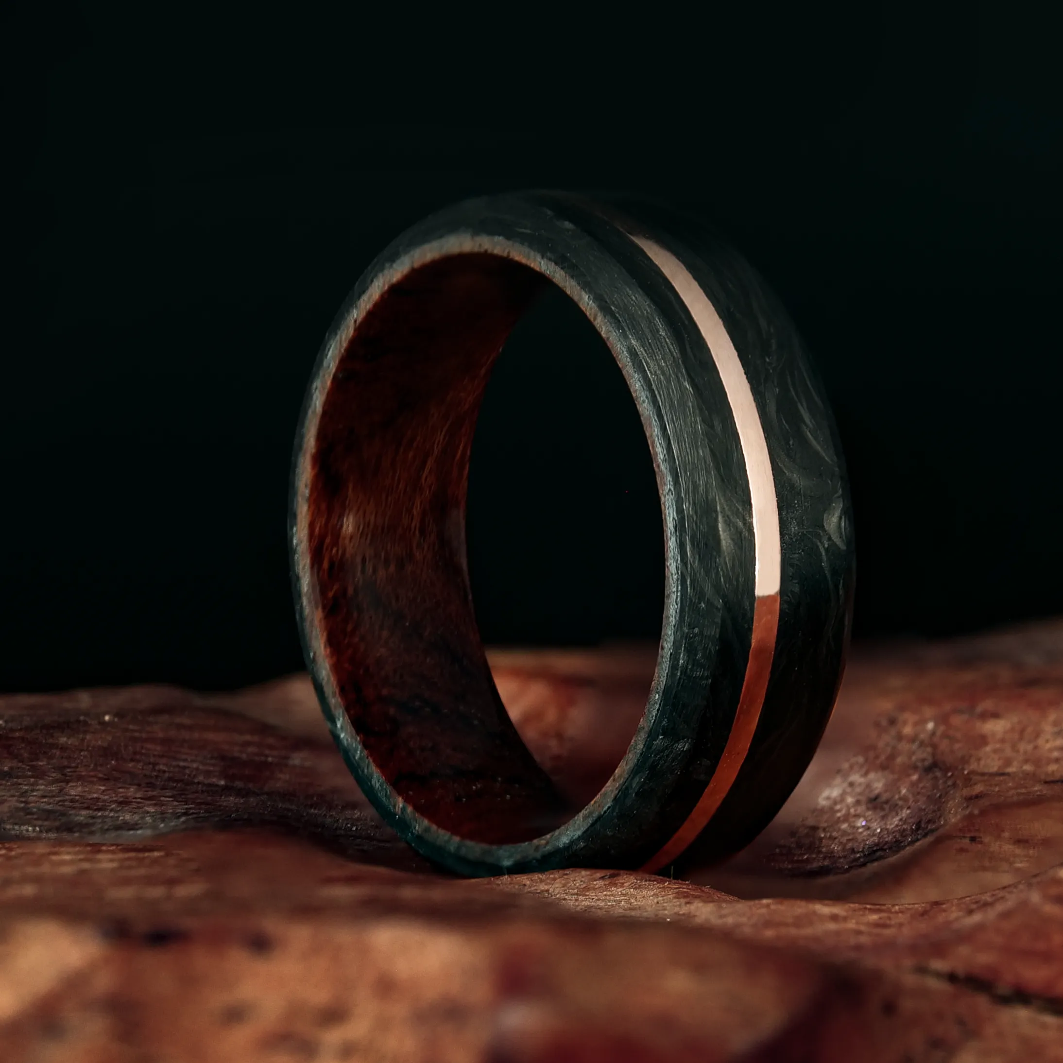 Forged Carbon Fiber and Gold Ring with Koa Wood Liner