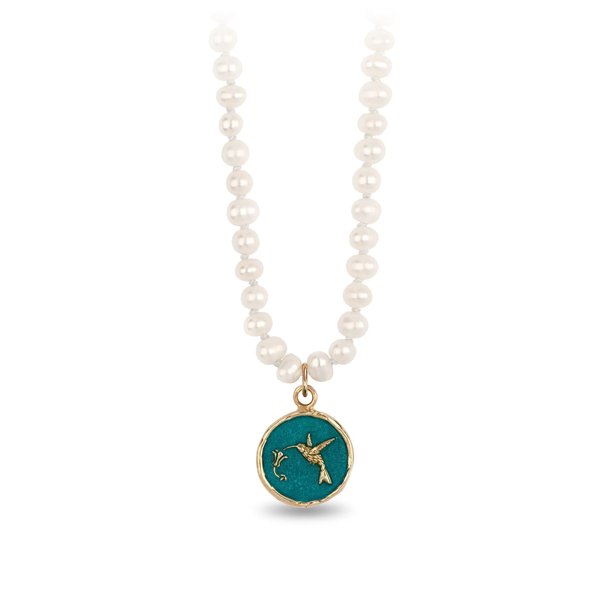 Hummingbird 14K Gold Talisman on Knotted Freshwater Pearl Necklace - True Colors