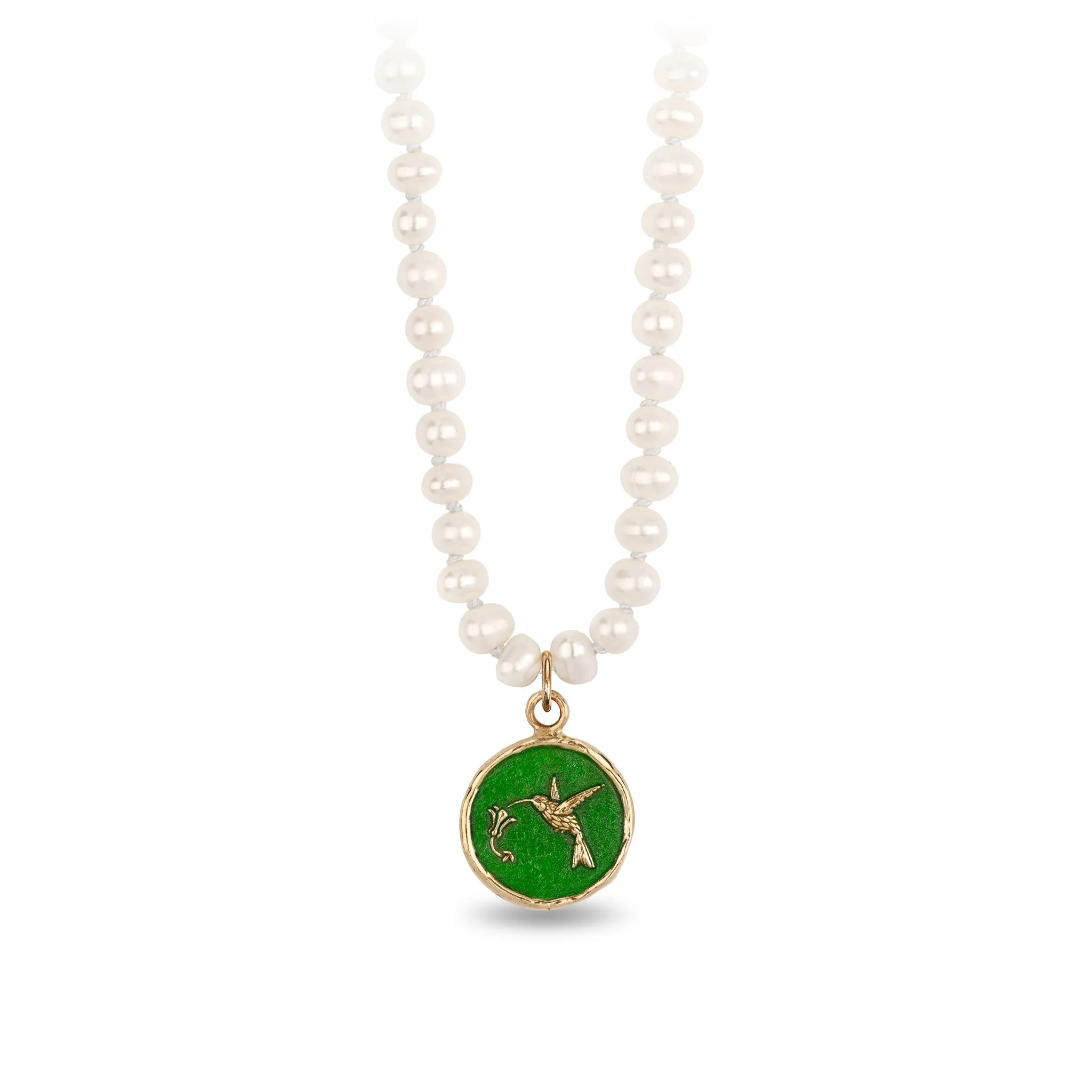 Hummingbird 14K Gold Talisman on Knotted Freshwater Pearl Necklace - True Colors