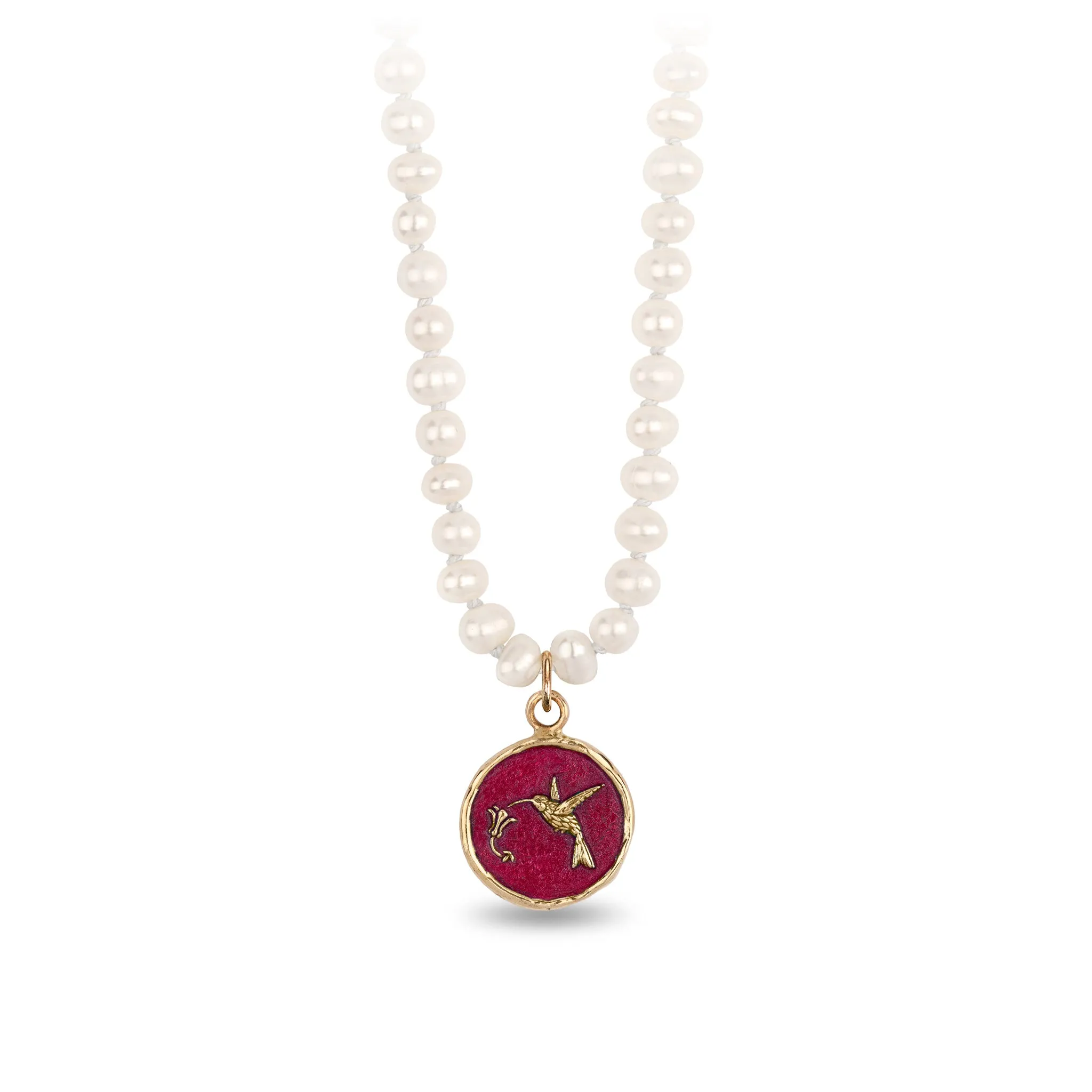 Hummingbird 14K Gold Talisman on Knotted Freshwater Pearl Necklace - True Colors