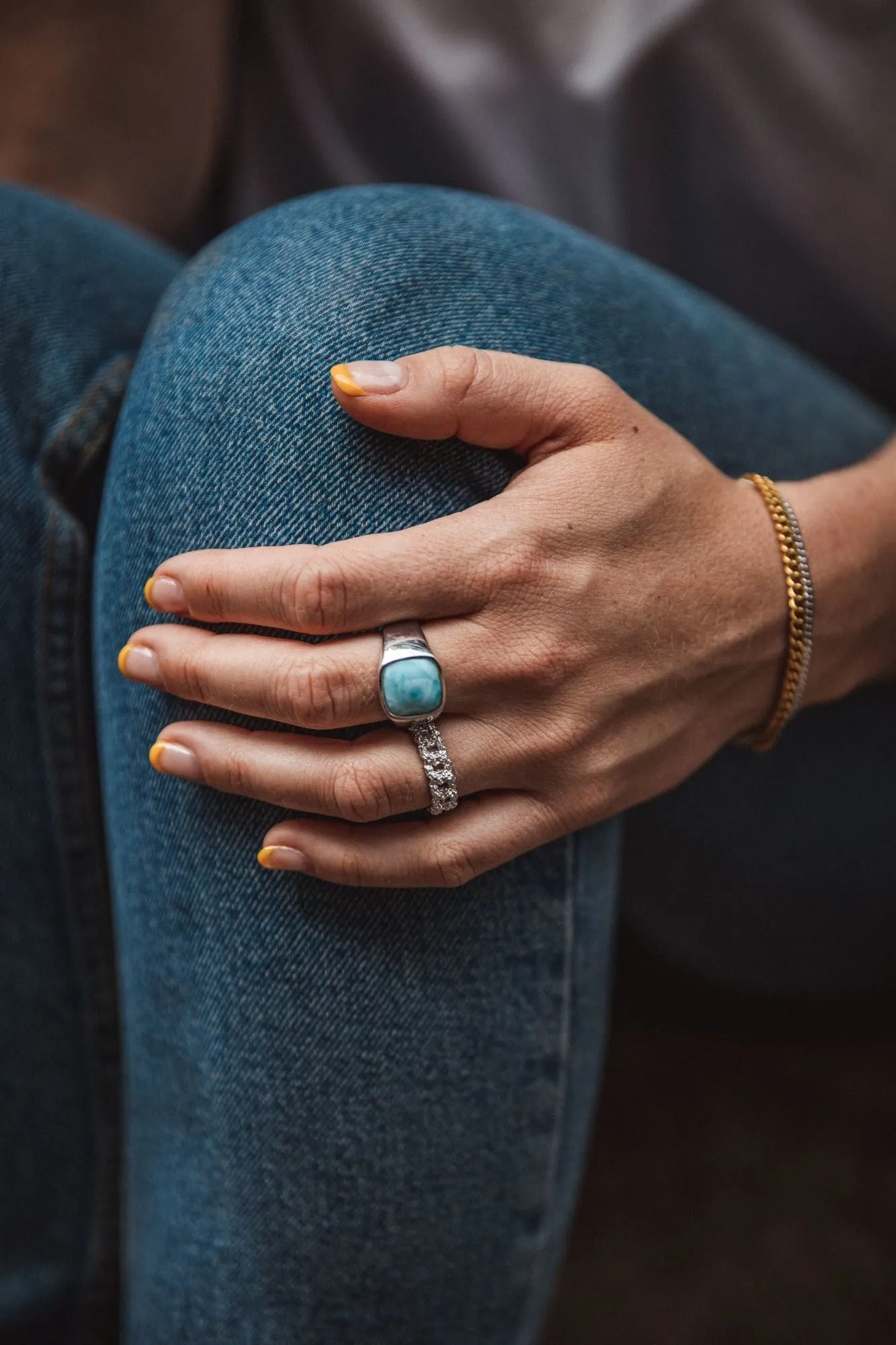 IX Cushion Larimar Signet Ring