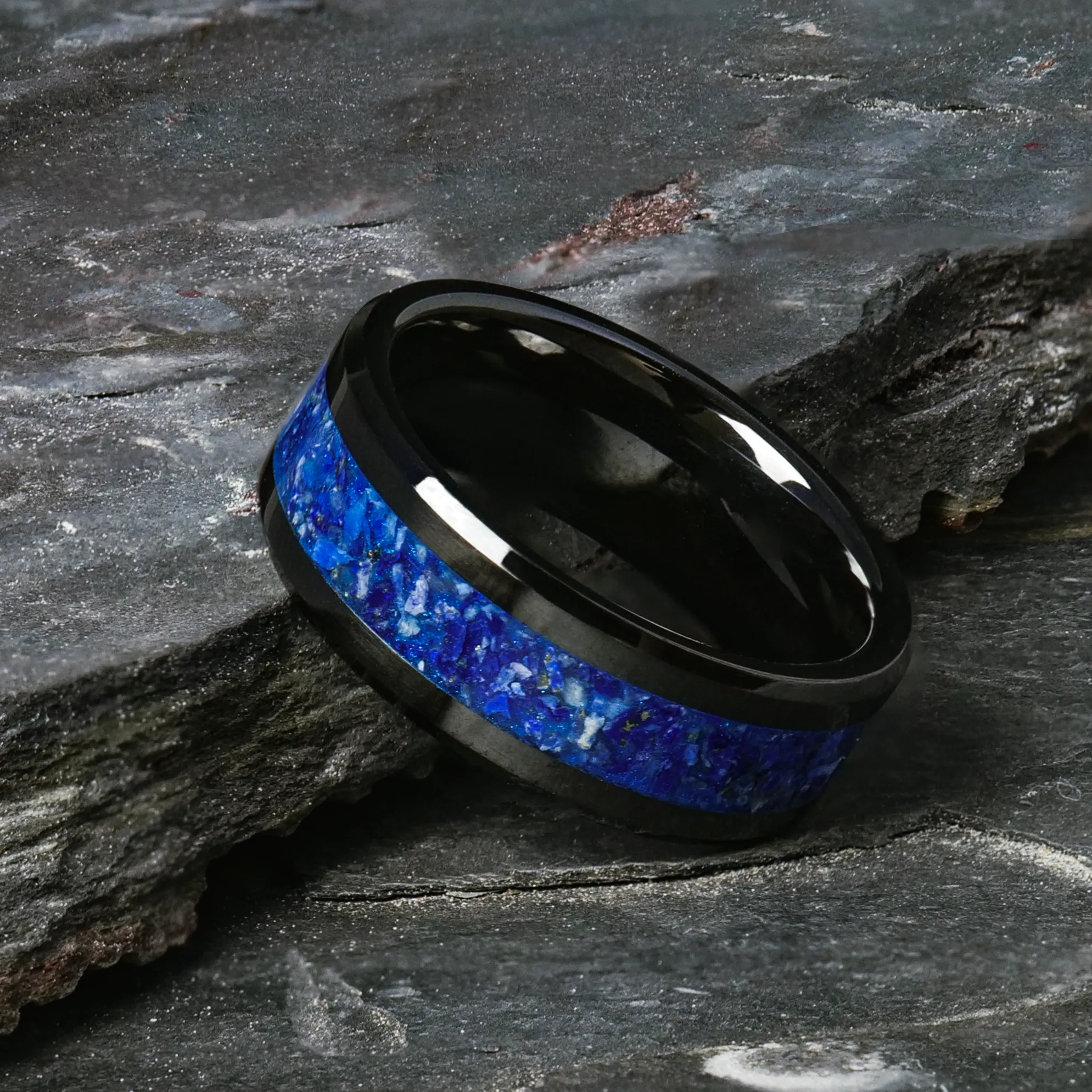 Lapis Lazuli Glowstone Ring on Black Ceramic