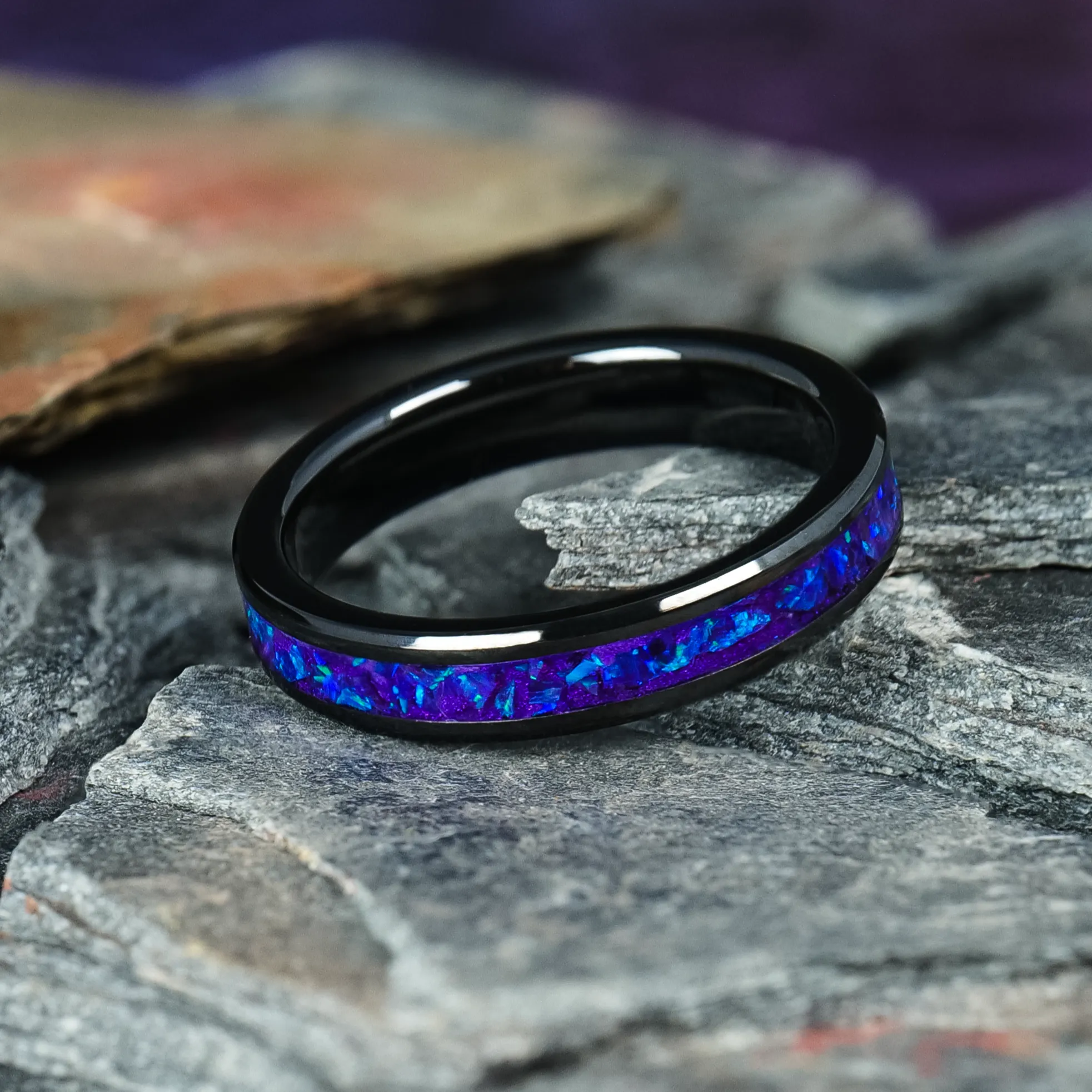 Lavender Opal Glowstone Stackable Ring on Black Ceramic