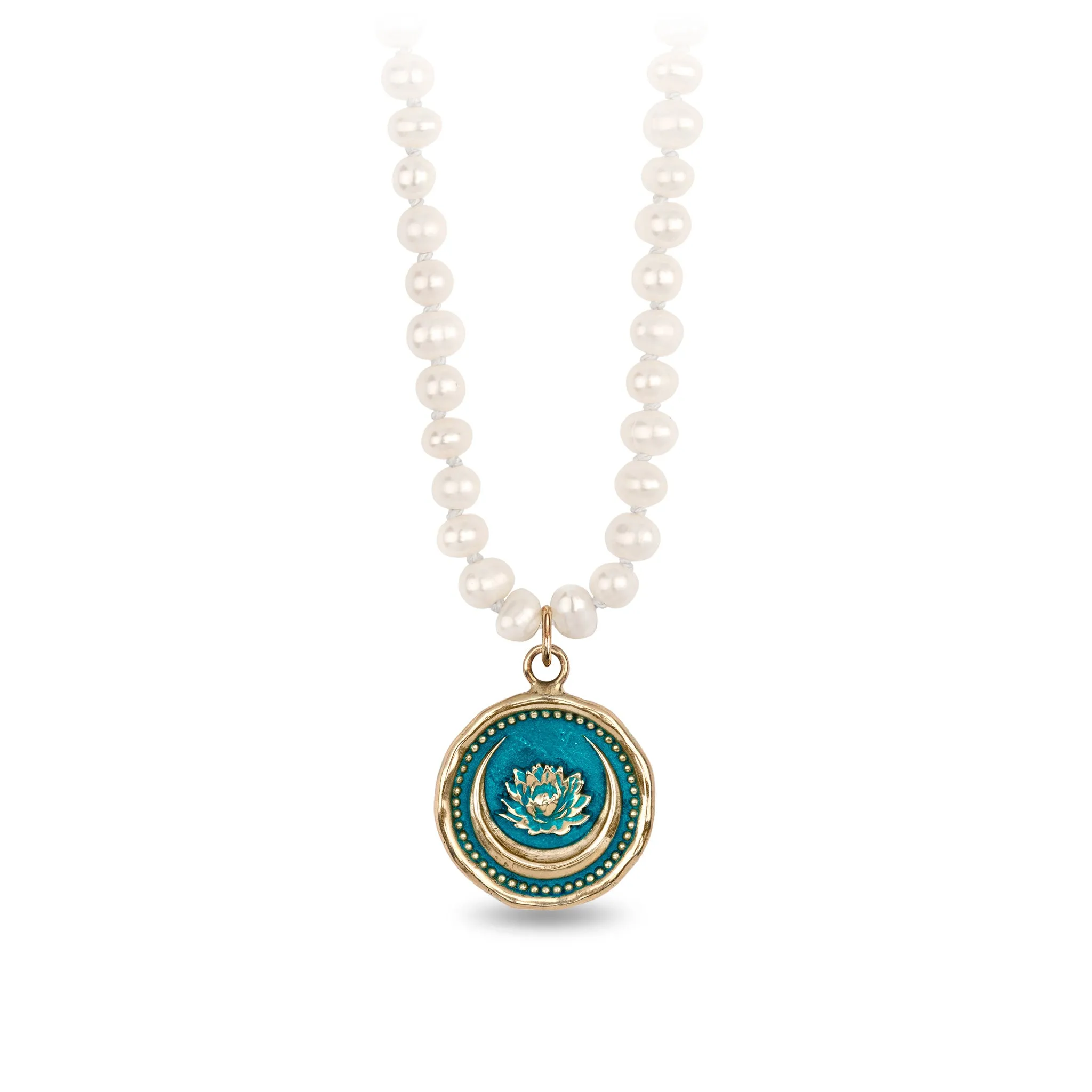 Lotus Flower 14K Gold Talisman on Knotted Freshwater Pearl Necklace - True Colors