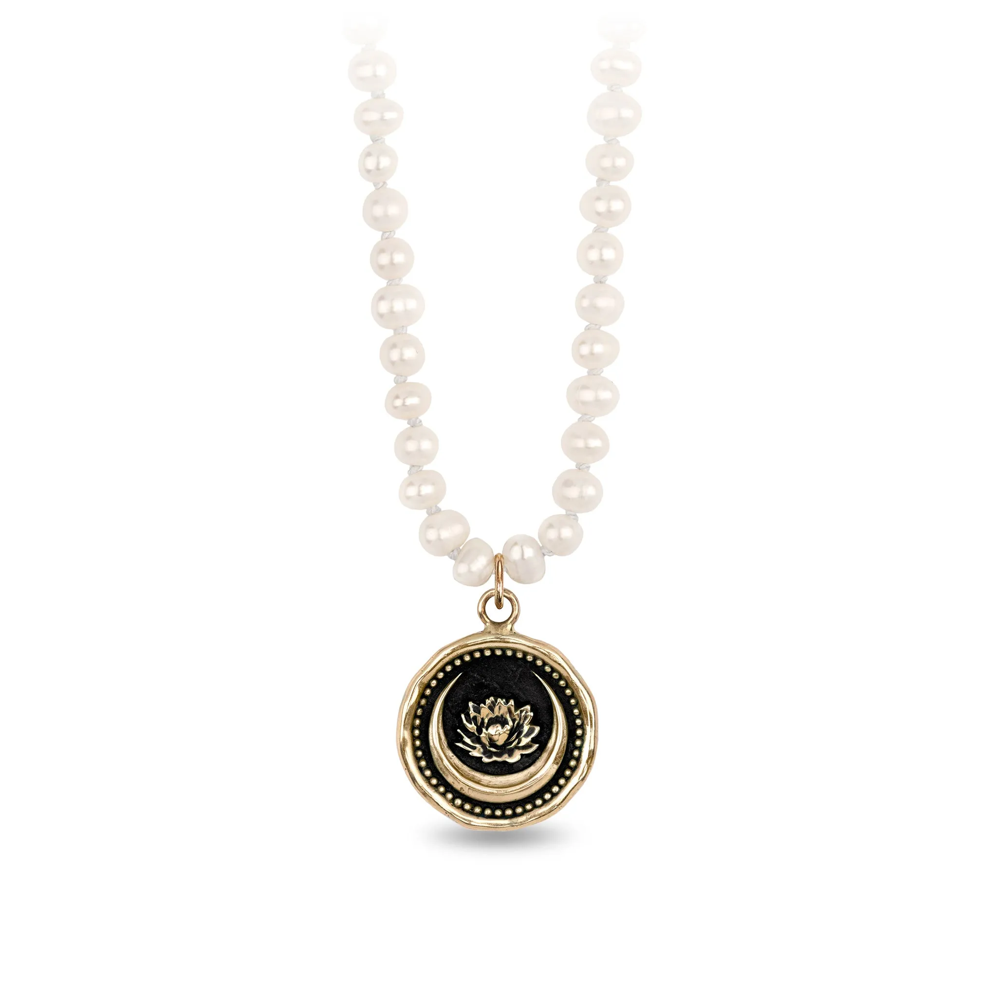 Lotus Flower 14K Gold Talisman on Knotted Freshwater Pearl Necklace
