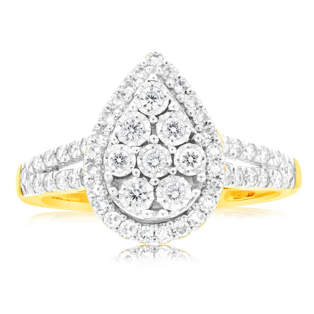 Luminesce Lab Grown Pear Ring with 1/2 Carat 54 Diamonds Set in 9 Carat Yellow Gold Shiels