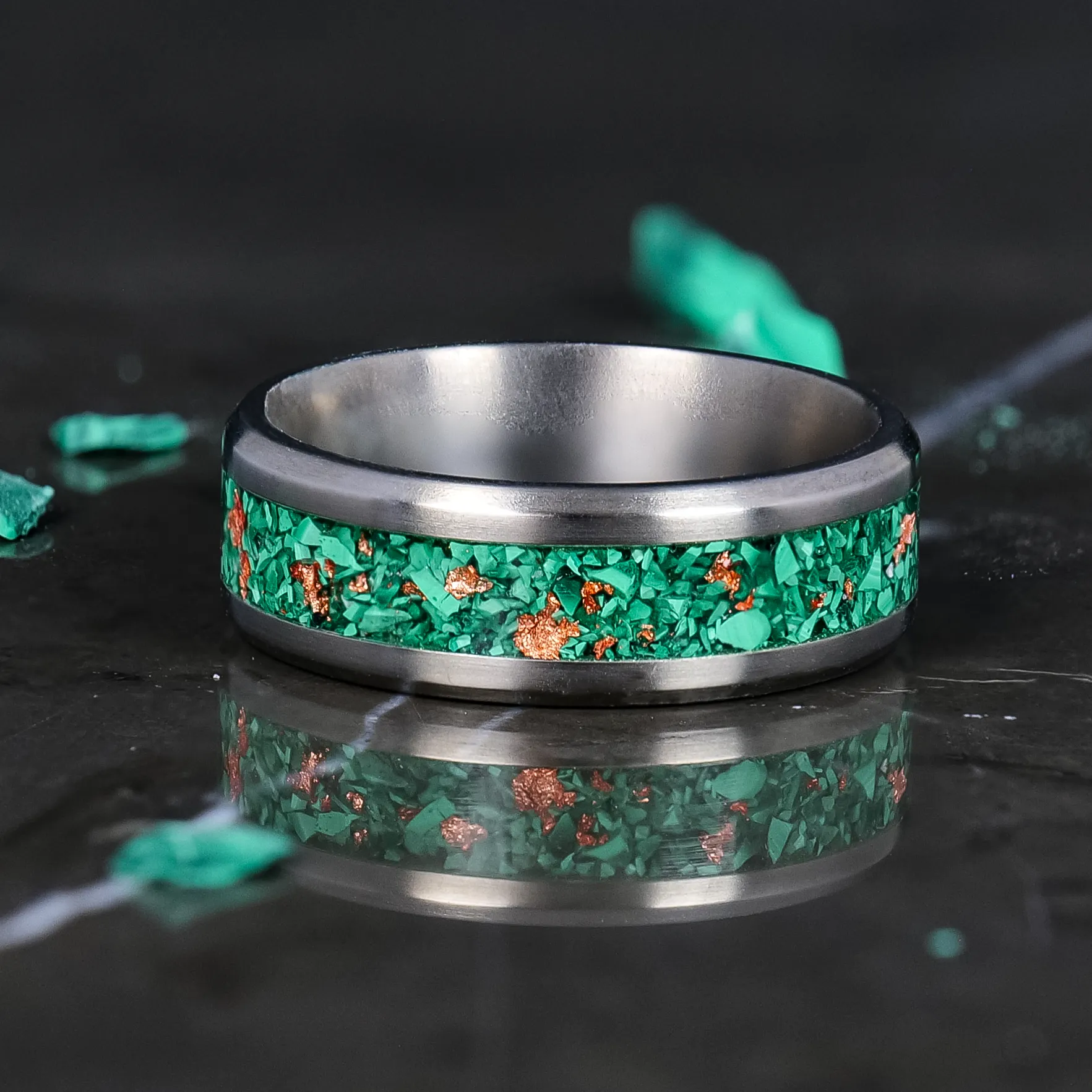Malachite and Rose Gold Glowstone Ring on Titanium