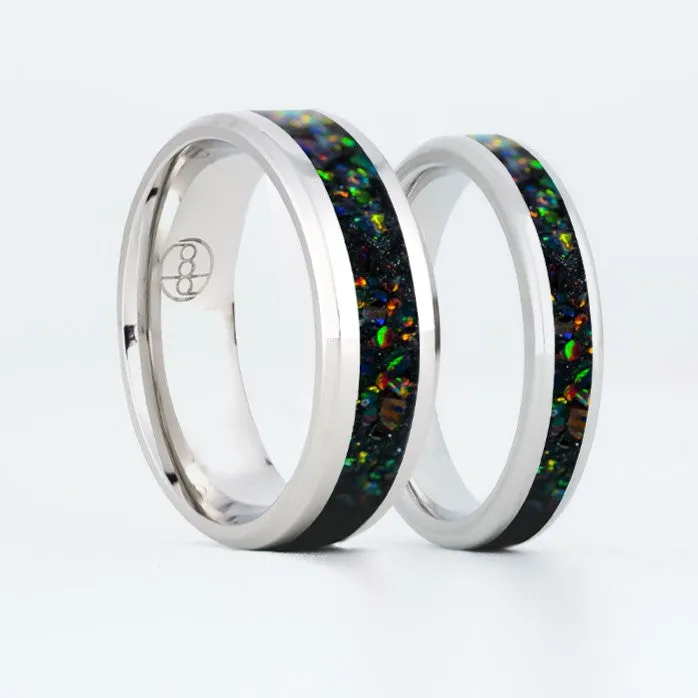 Matching Black Fire Opal Glowstone Wedding Ring Set