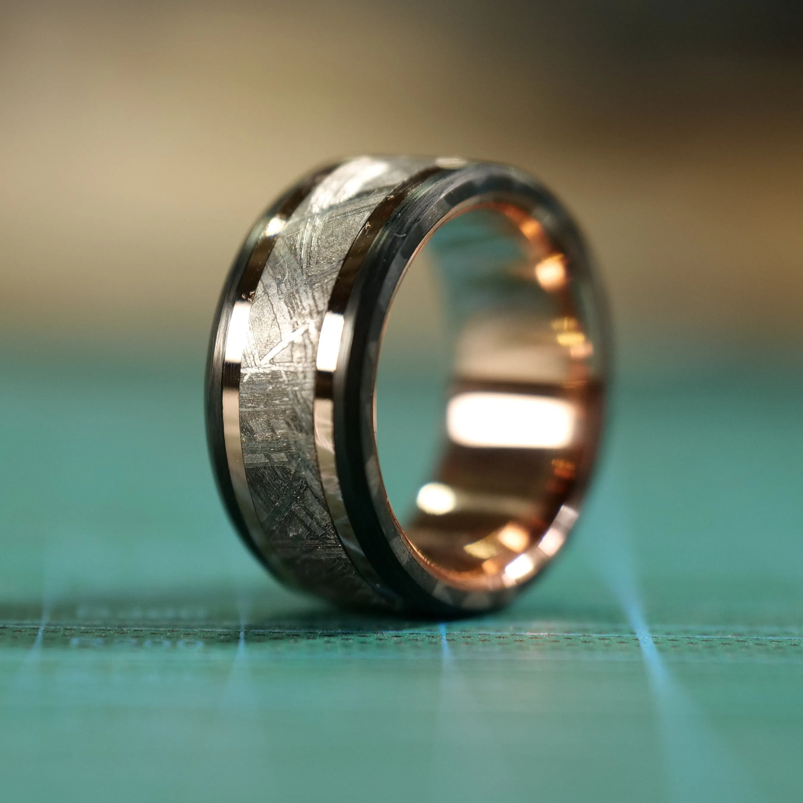 Meteorite and Carbon Fiber Ring with Rose Gold Liner