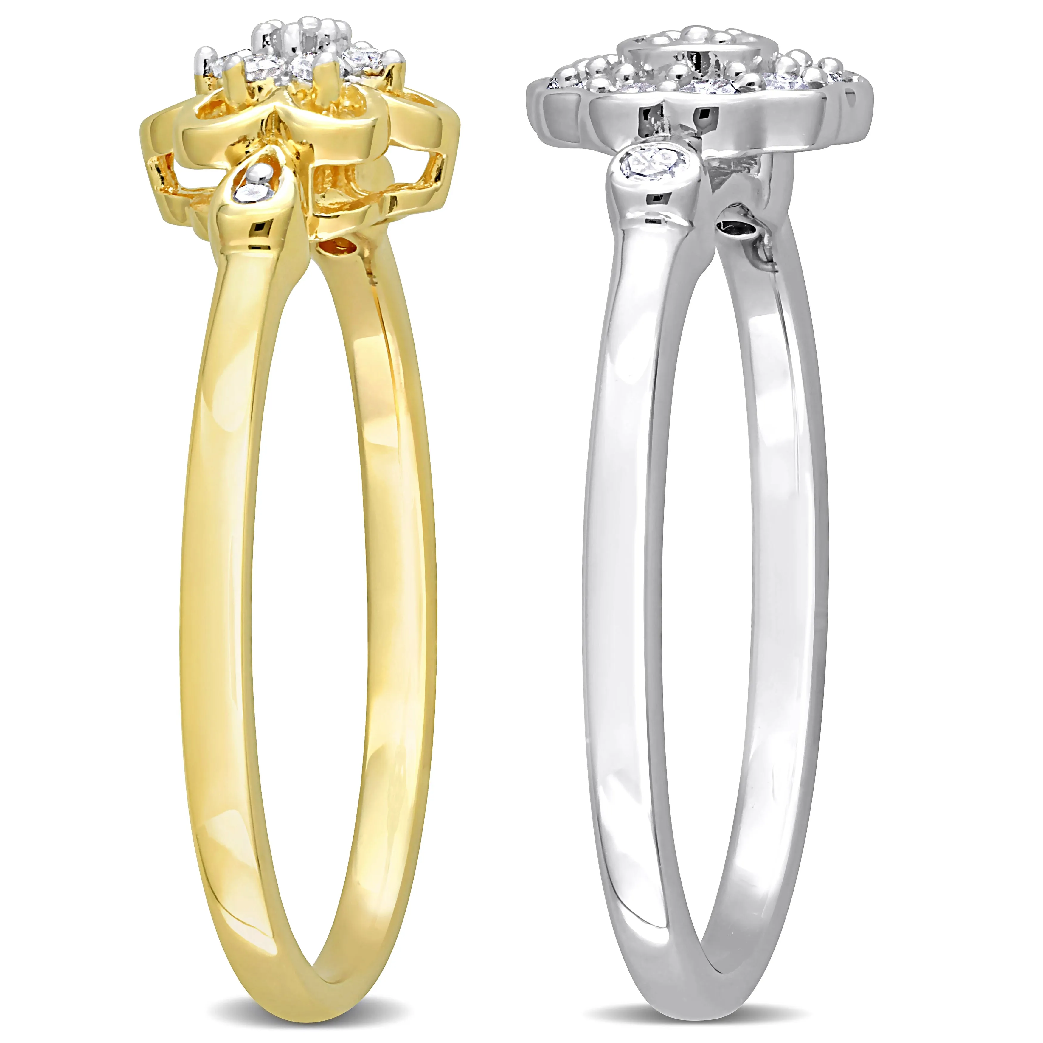 Mimi & Max 1/3ct TW Diamond Floral Rings 2-Piece Set 2-Tone Yellow White Sterling Silver