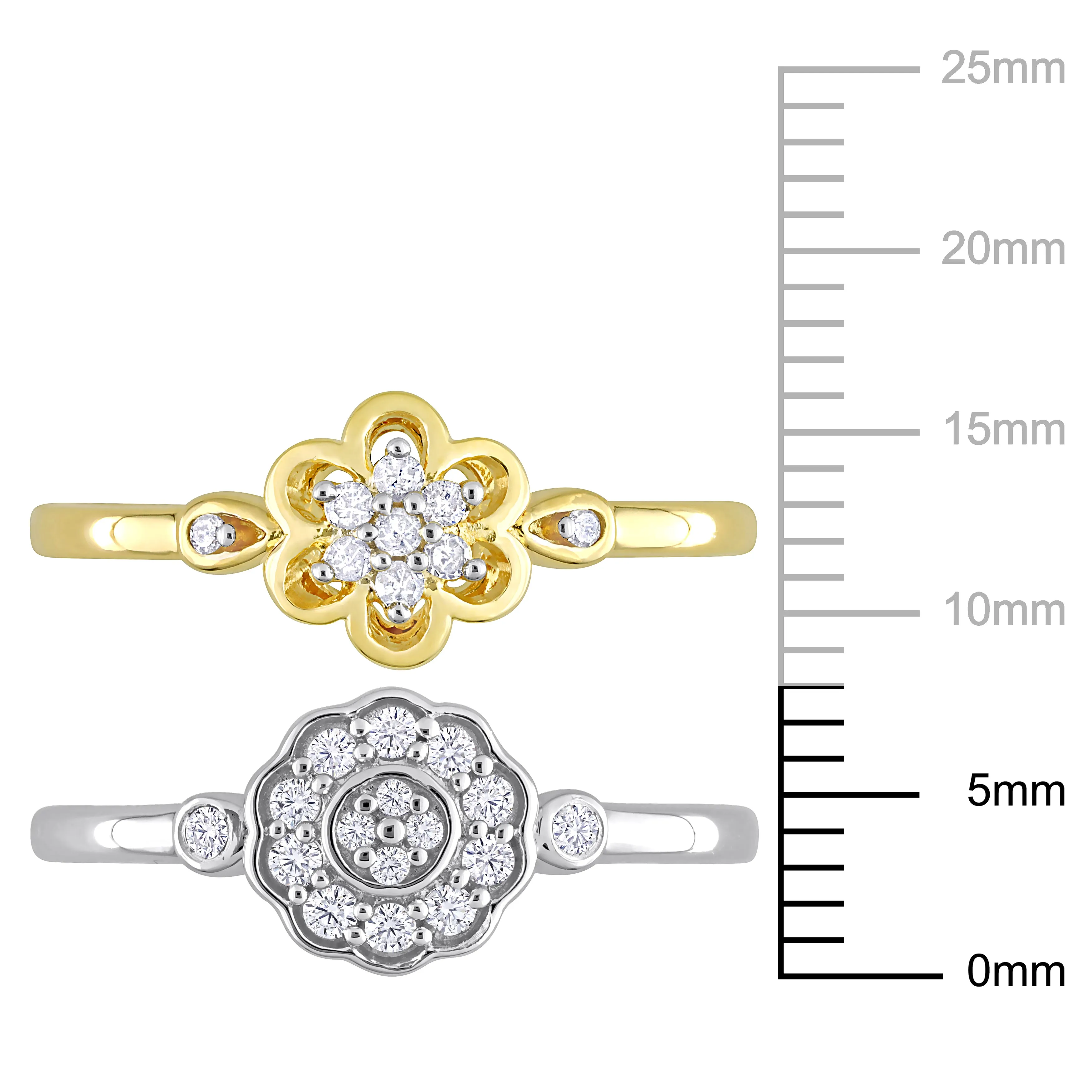 Mimi & Max 1/3ct TW Diamond Floral Rings 2-Piece Set 2-Tone Yellow White Sterling Silver