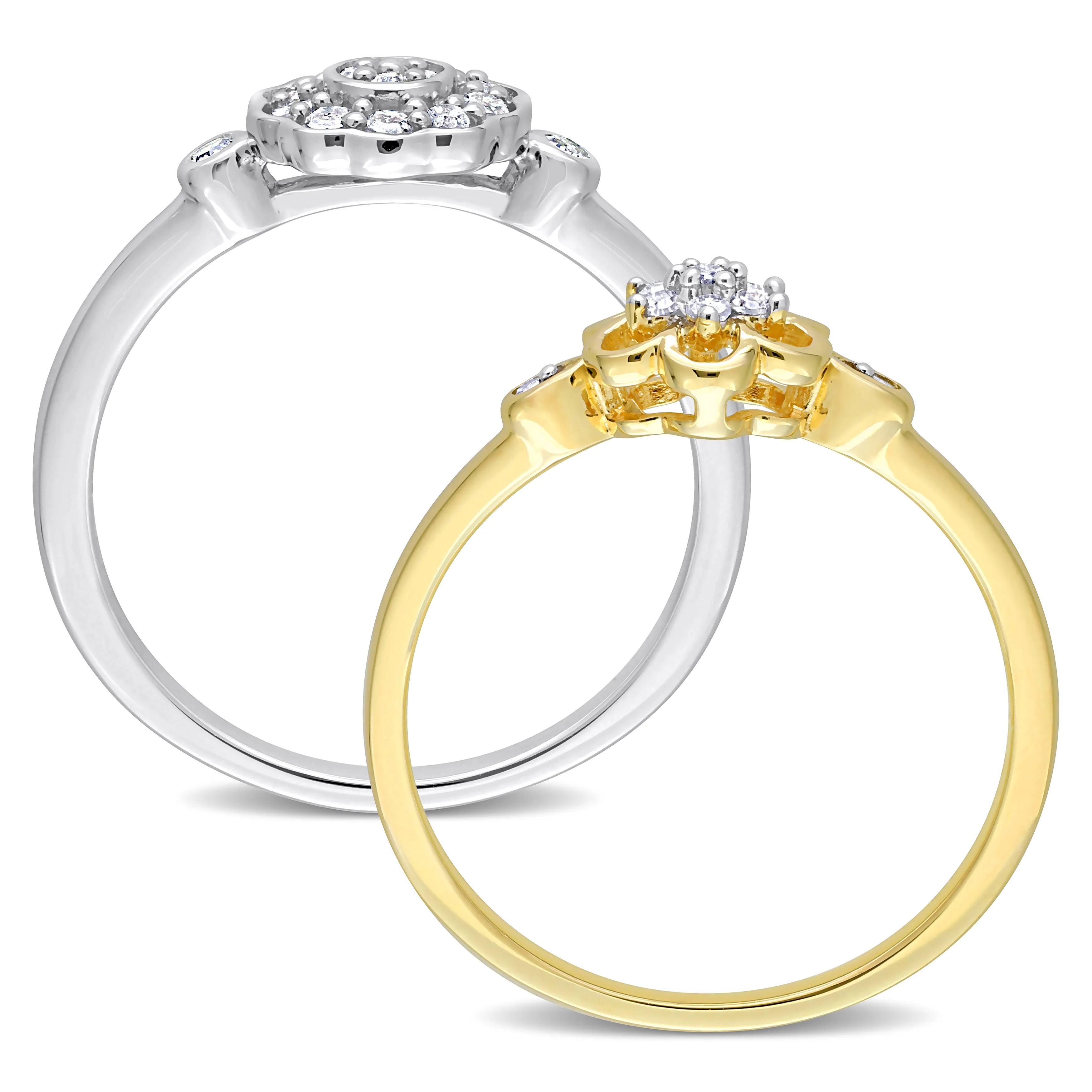 Mimi & Max 1/3ct TW Diamond Floral Rings 2-Piece Set 2-Tone Yellow White Sterling Silver