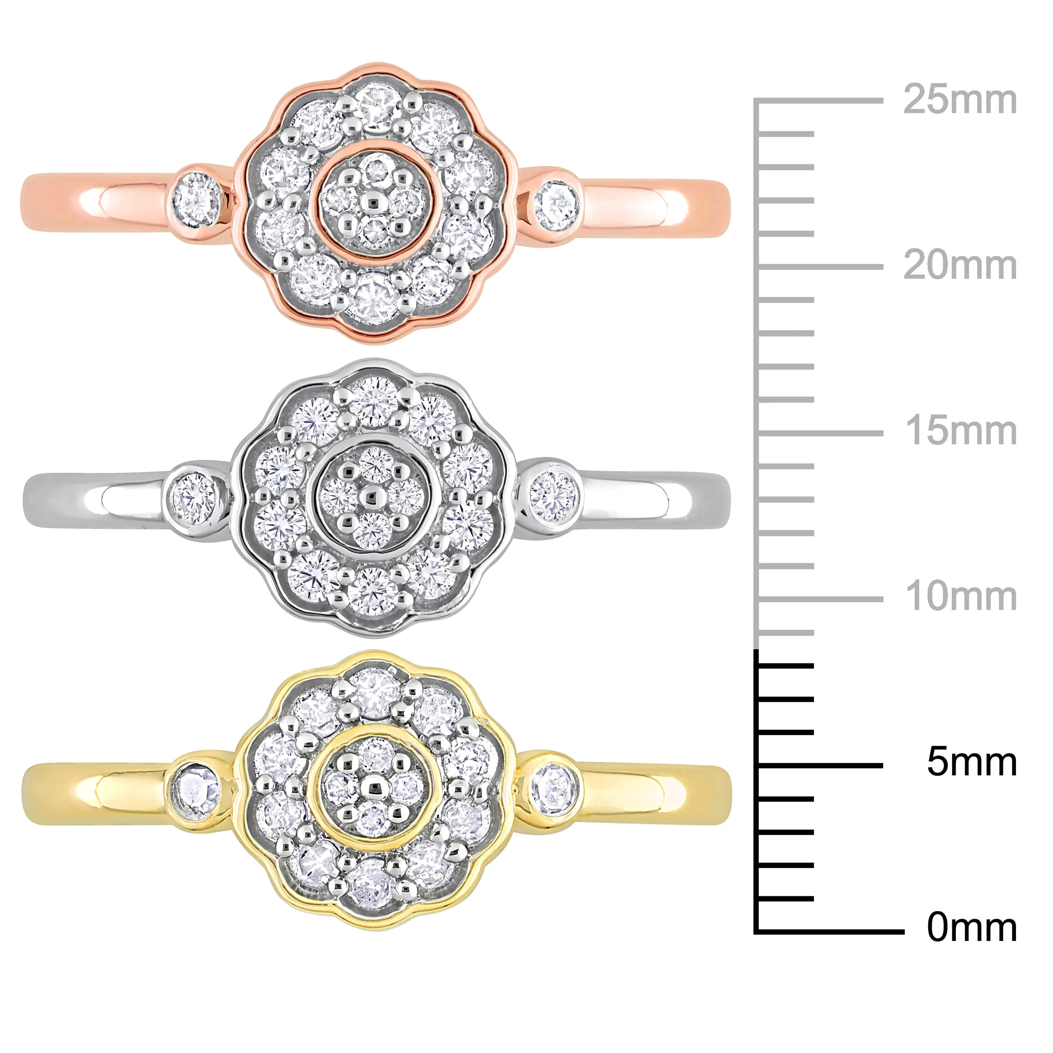 Mimi & Max 3-Piece Set 5/8ct TW Diamond Flower Rings 3-Tone Rose Yellow White Sterling Silver