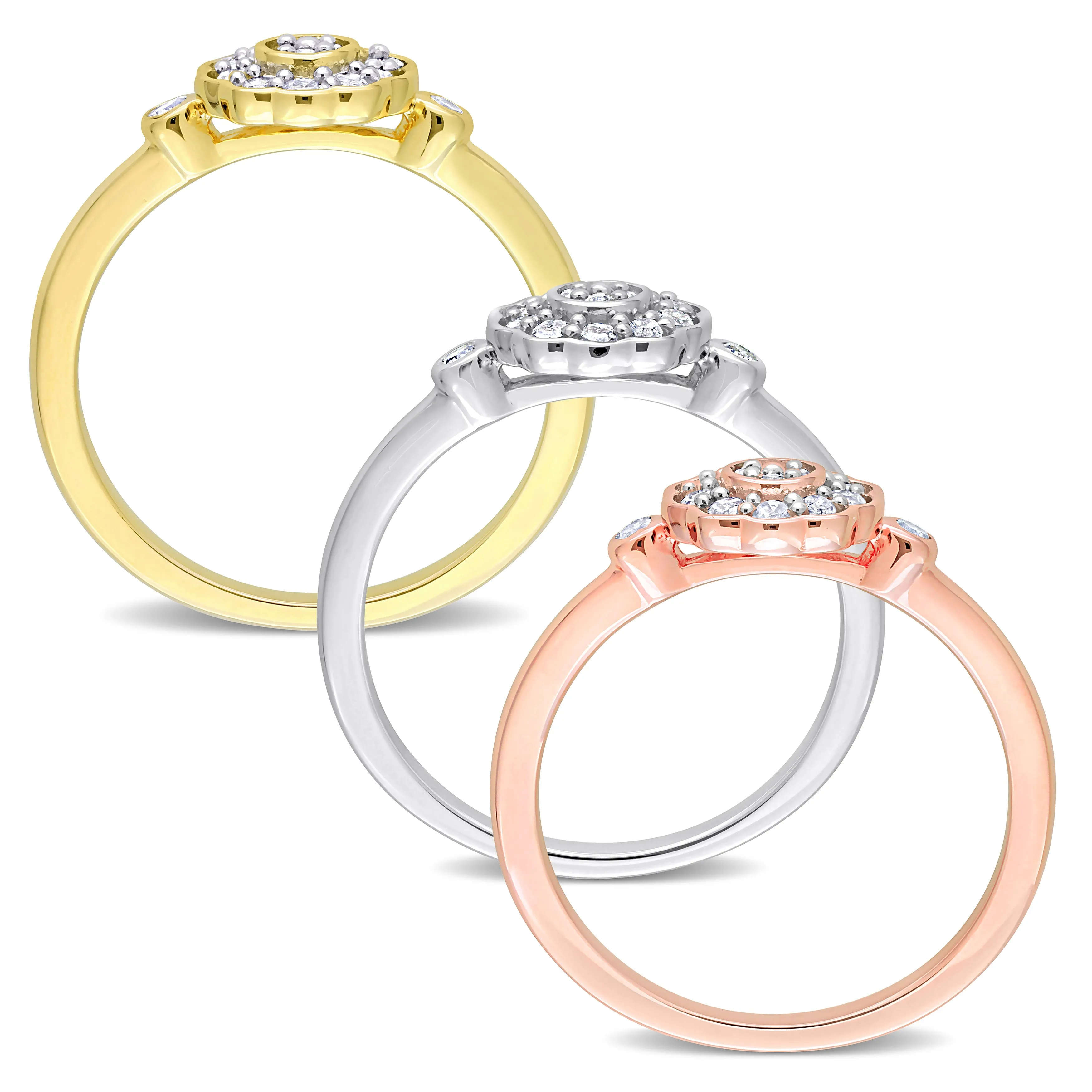 Mimi & Max 3-Piece Set 5/8ct TW Diamond Flower Rings 3-Tone Rose Yellow White Sterling Silver