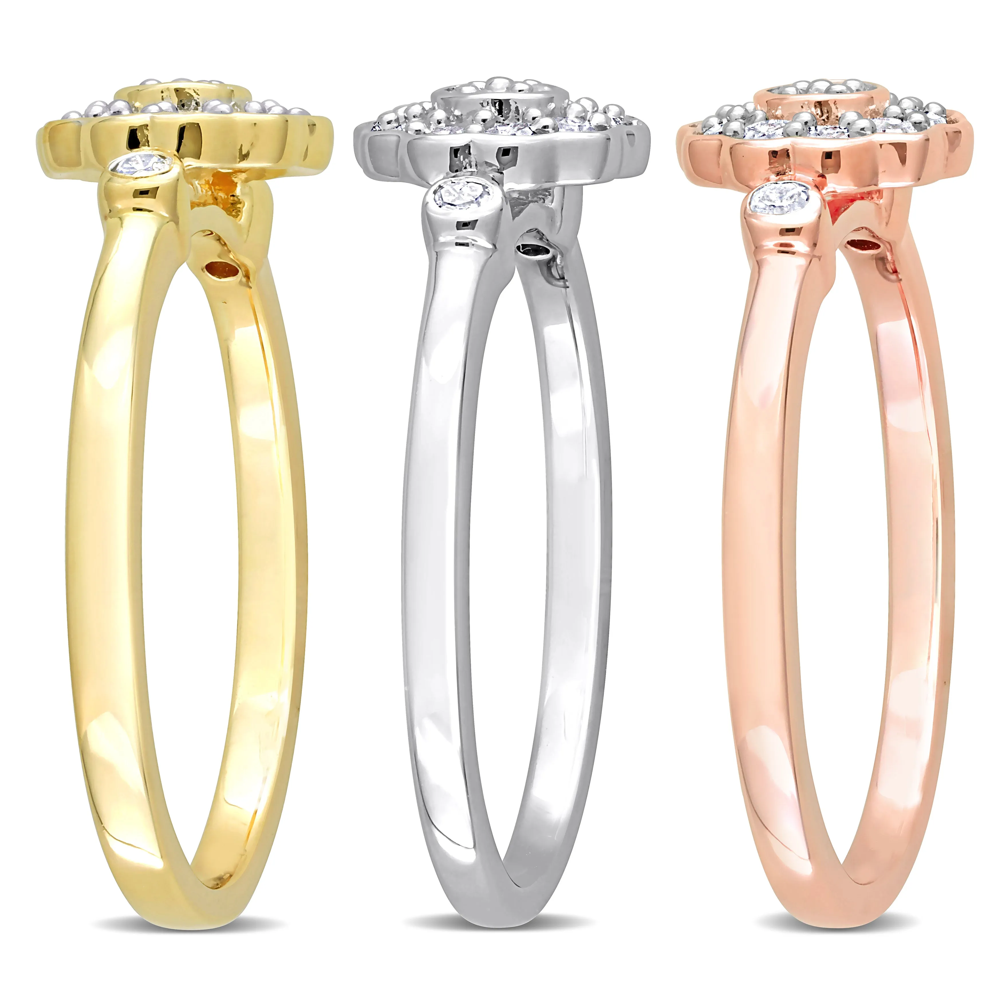 Mimi & Max 3-Piece Set 5/8ct TW Diamond Flower Rings 3-Tone Rose Yellow White Sterling Silver