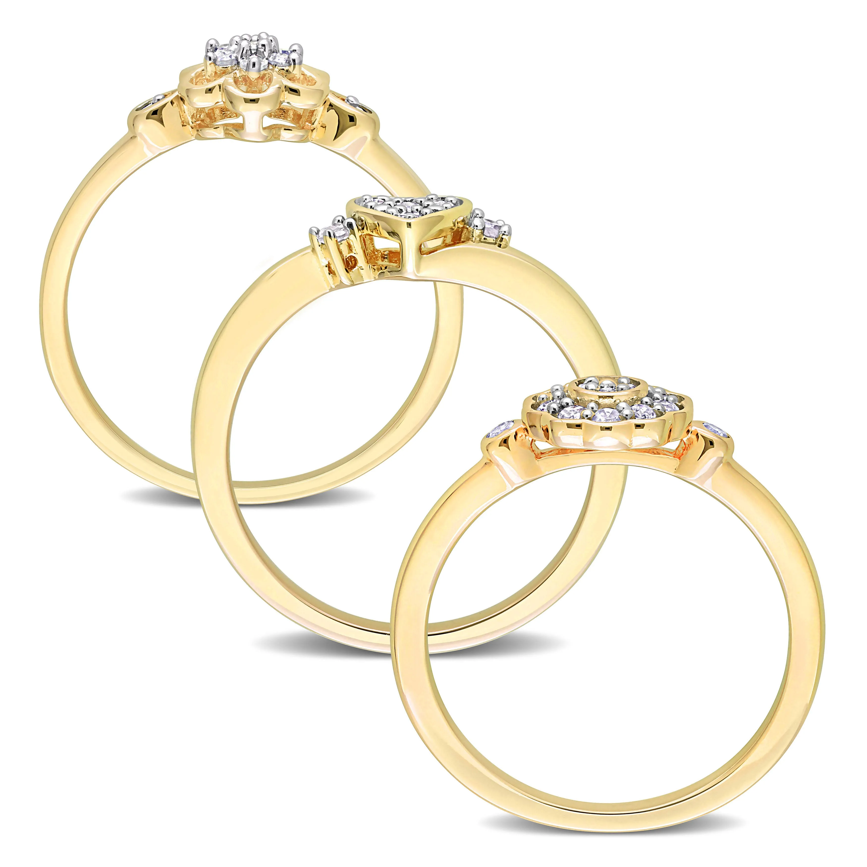 Mimi & Max 3/8ct TW Diamond Heart Flower Rings 3-Piece Set Yellow Plated Sterling Silver