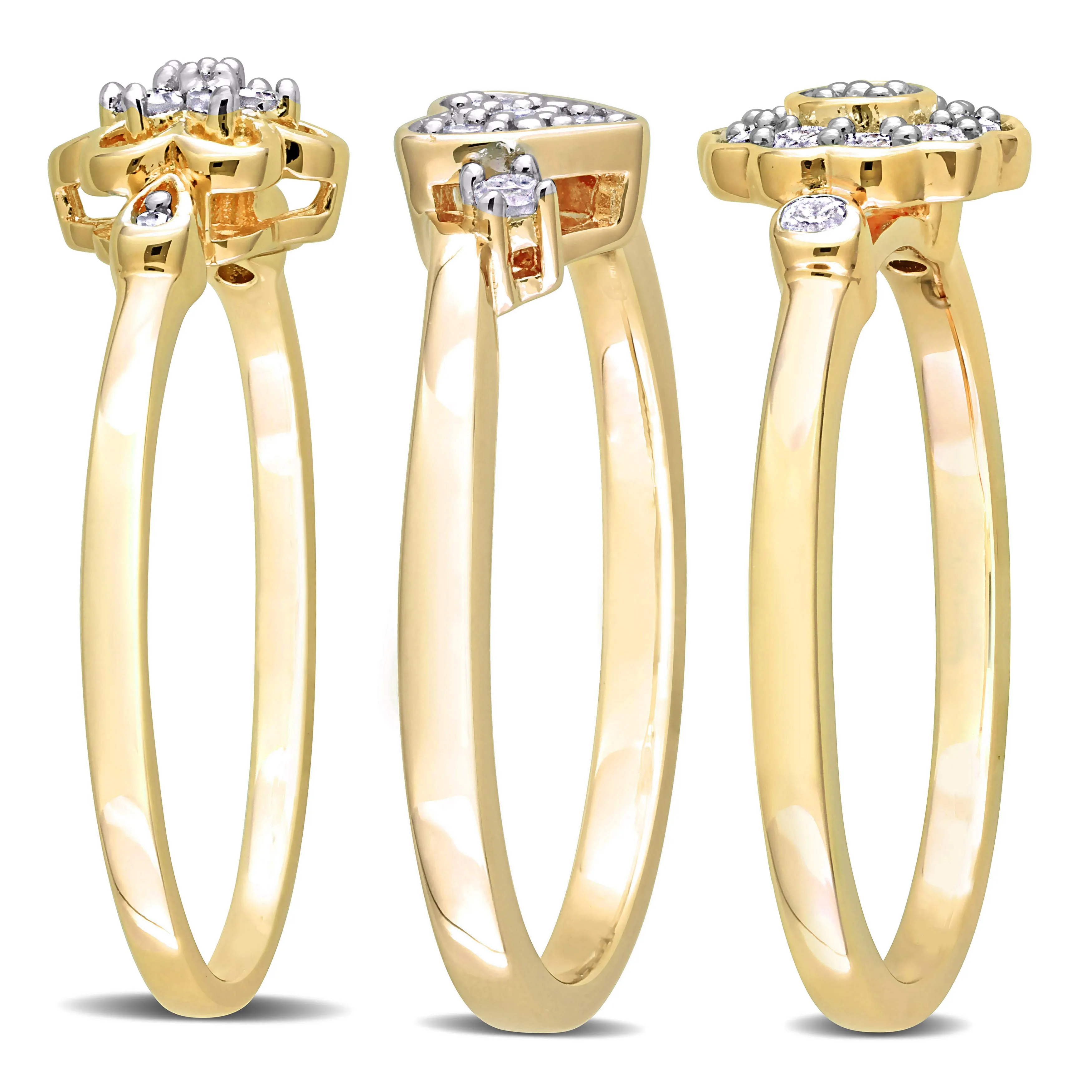 Mimi & Max 3/8ct TW Diamond Heart Flower Rings 3-Piece Set Yellow Plated Sterling Silver
