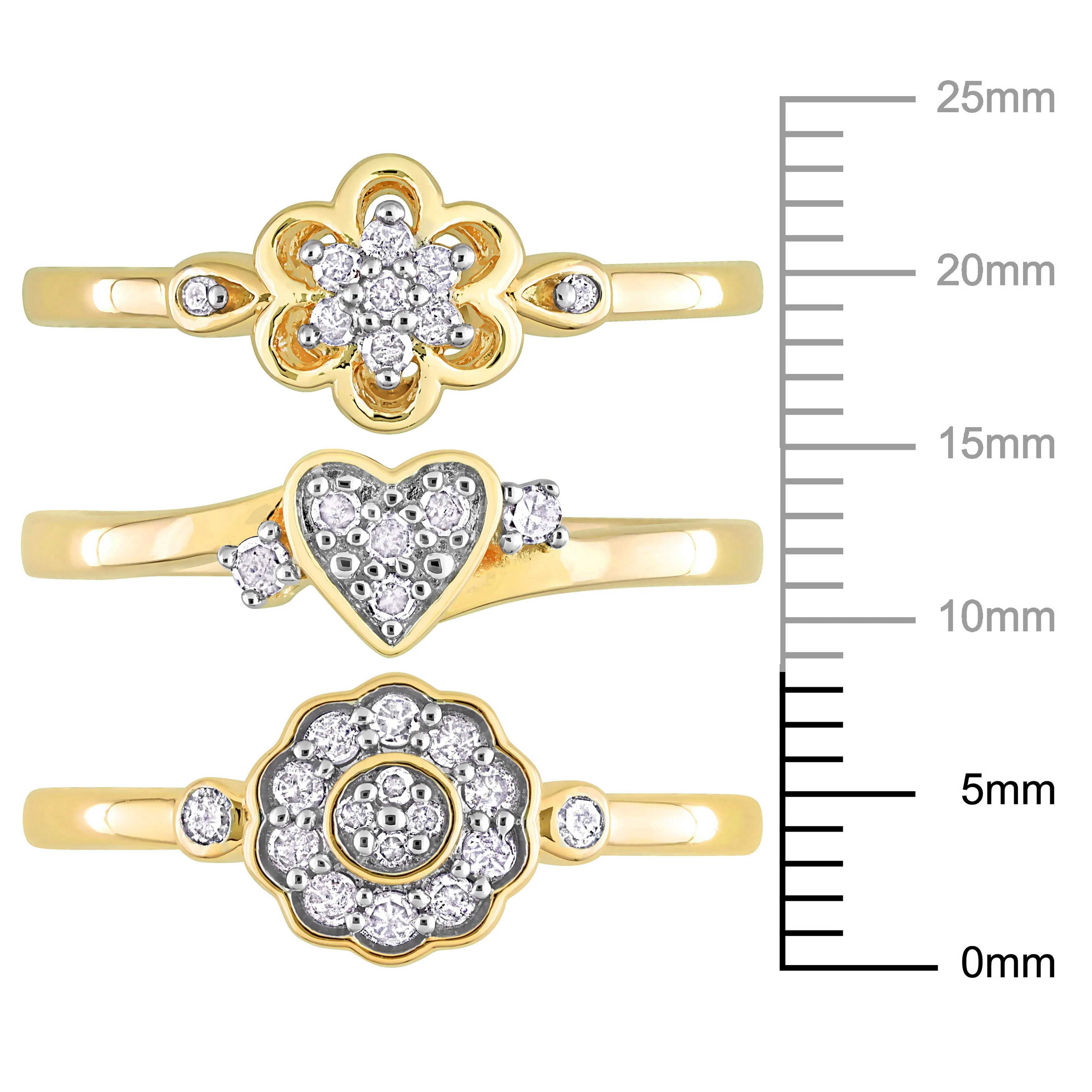 Mimi & Max 3/8ct TW Diamond Heart Flower Rings 3-Piece Set Yellow Plated Sterling Silver