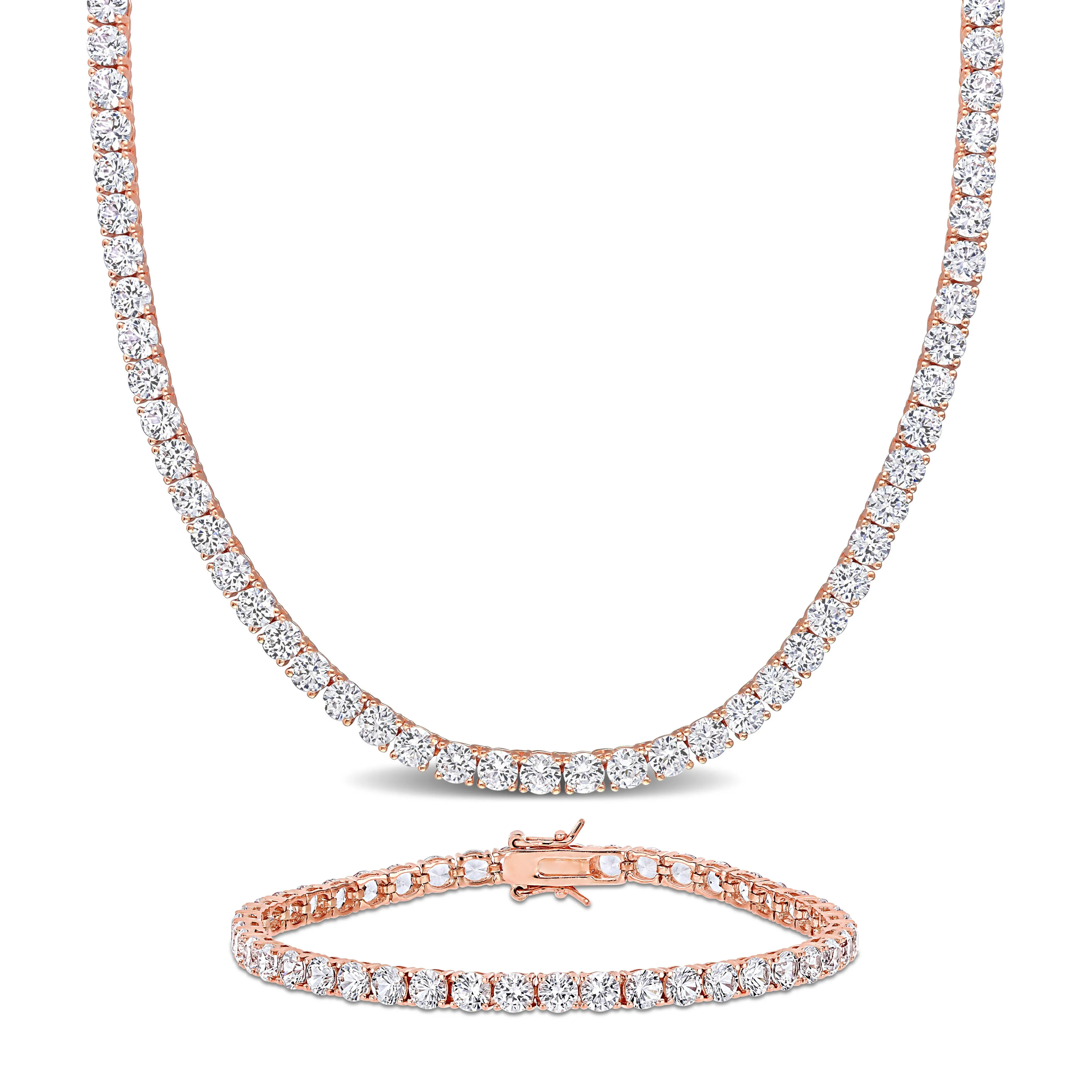 Mimi & Max 47 1/4ct TGW Created White Sapphire Tennis Bracelet and Necklace Set Rose Silver
