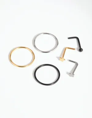 Mixed Metal Surgical Steel Ball Star 6-Pack Nose Rings and Studs