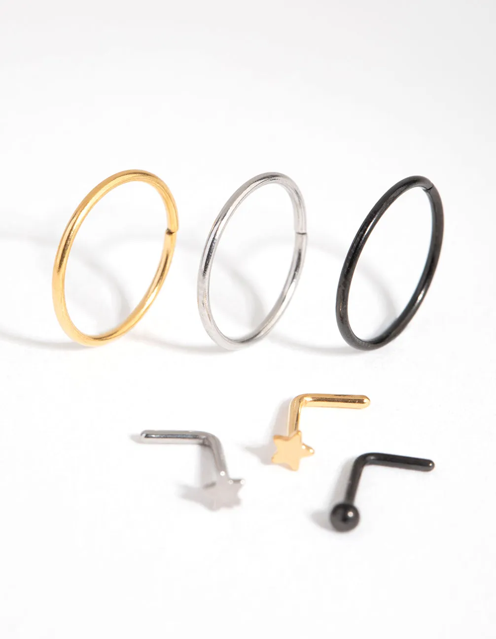 Mixed Metal Surgical Steel Ball Star 6-Pack Nose Rings and Studs
