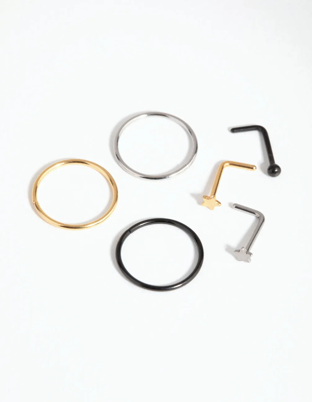 Mixed Metal Surgical Steel Ball Star 6-Pack Nose Rings and Studs