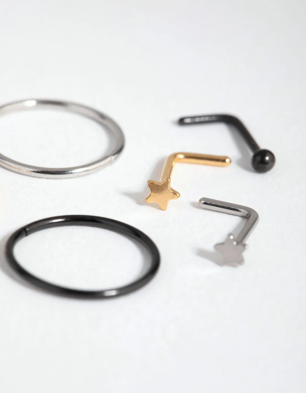 Mixed Metal Surgical Steel Ball Star 6-Pack Nose Rings and Studs