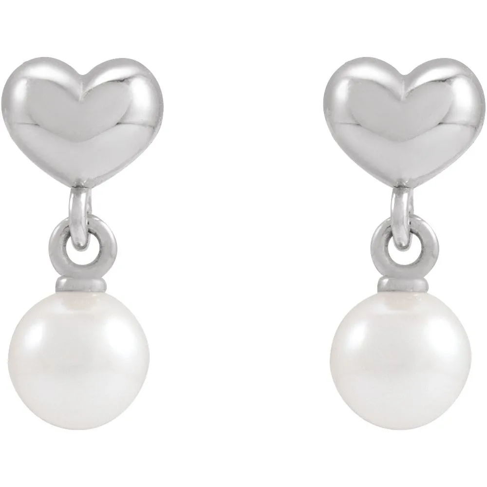 Platinum Cultured White Freshwater Pearl & Heart Dangle Earrings