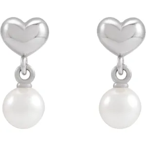 Platinum Cultured White Freshwater Pearl & Heart Dangle Earrings