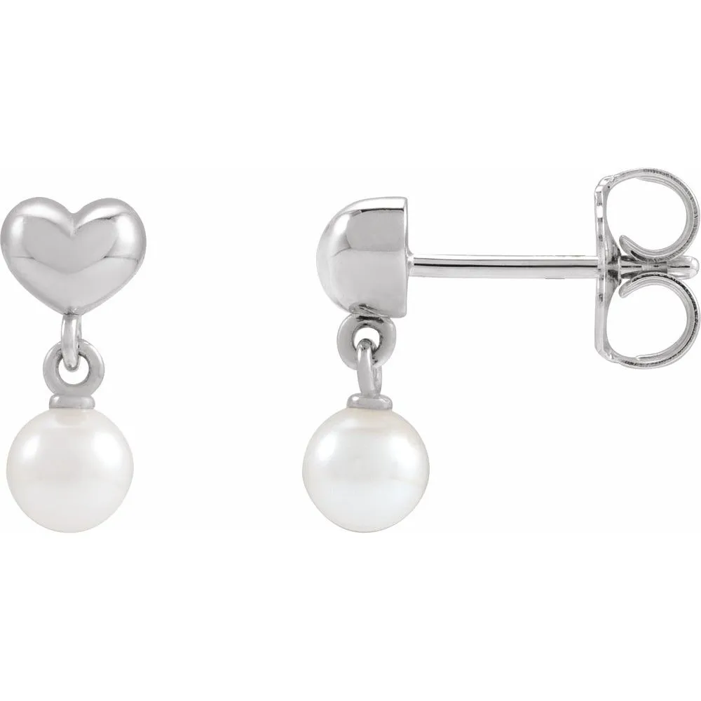 Platinum Cultured White Freshwater Pearl & Heart Dangle Earrings