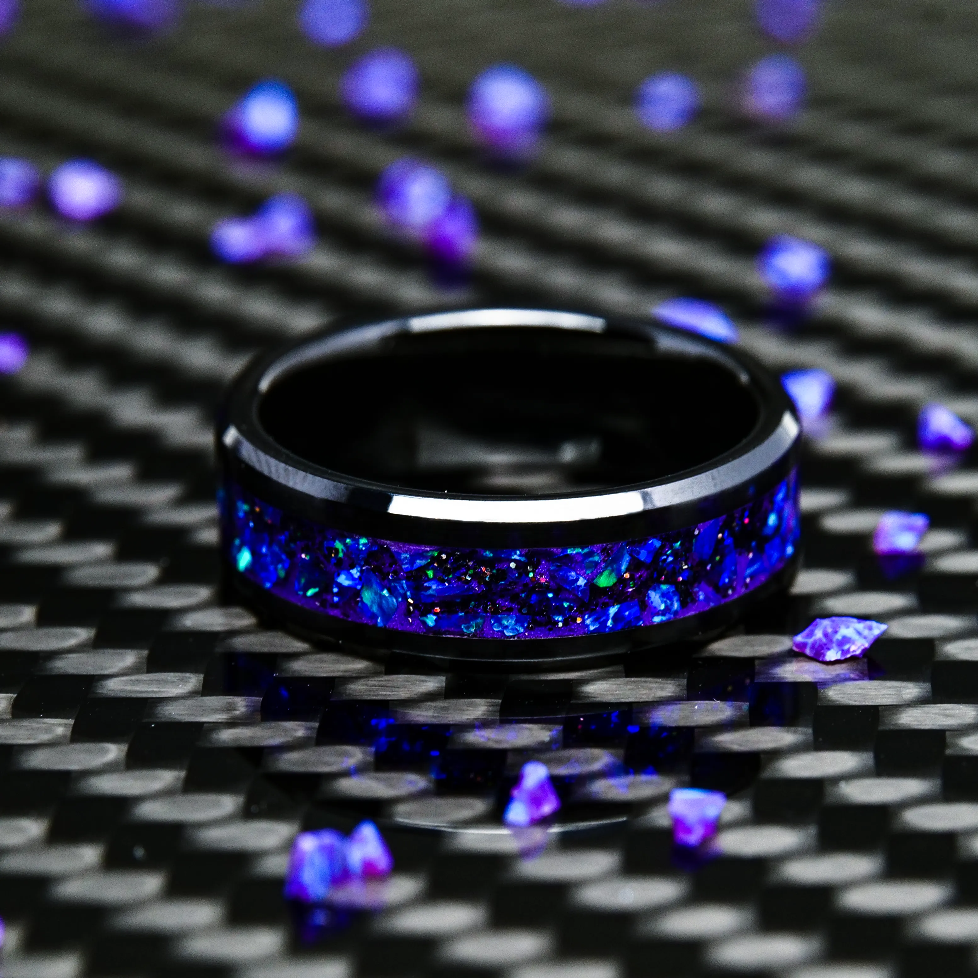 Radiant Lavender Opal Glowstone Ring on Black Ceramic