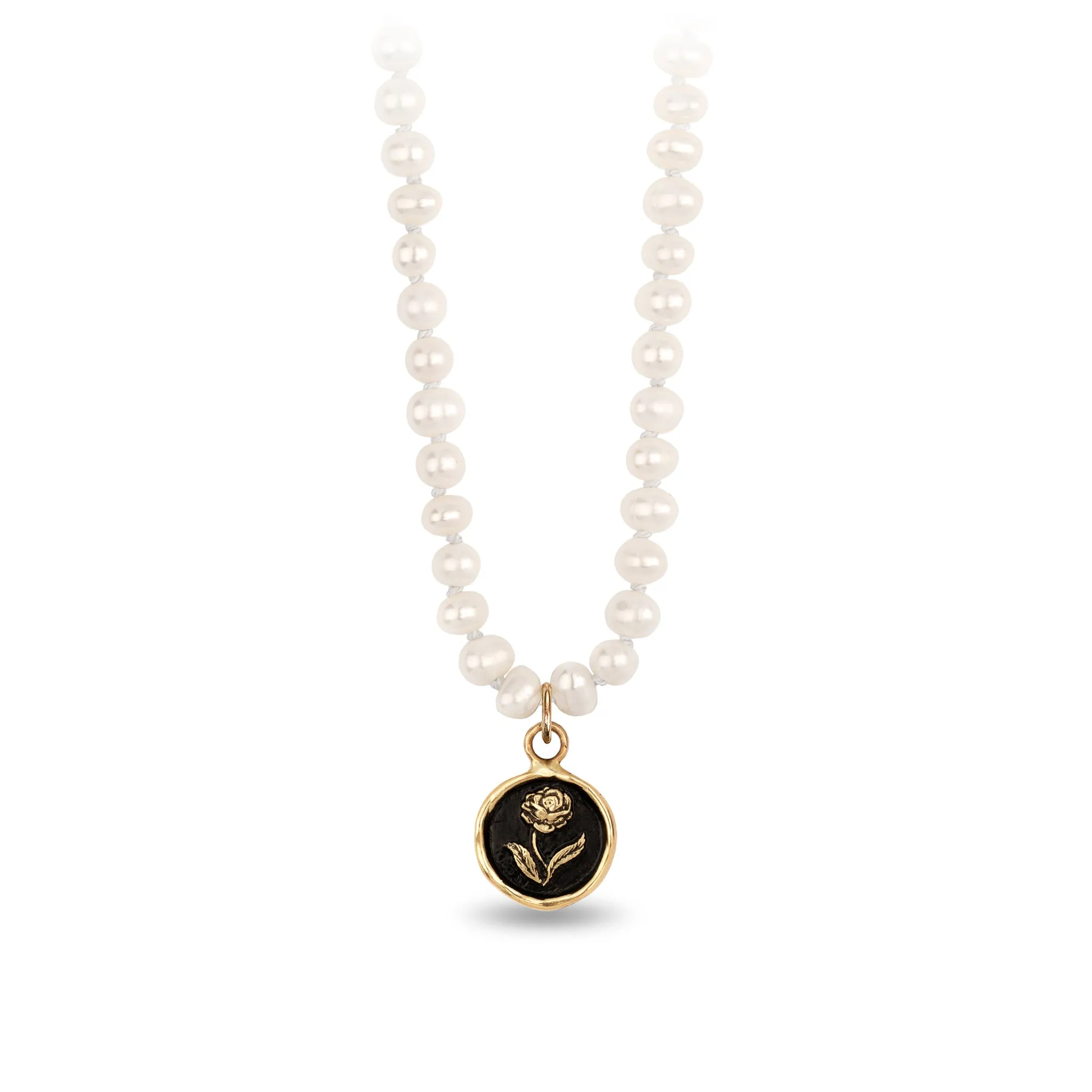 Rose 14K Gold Talisman on Knotted Freshwater Pearl Necklace
