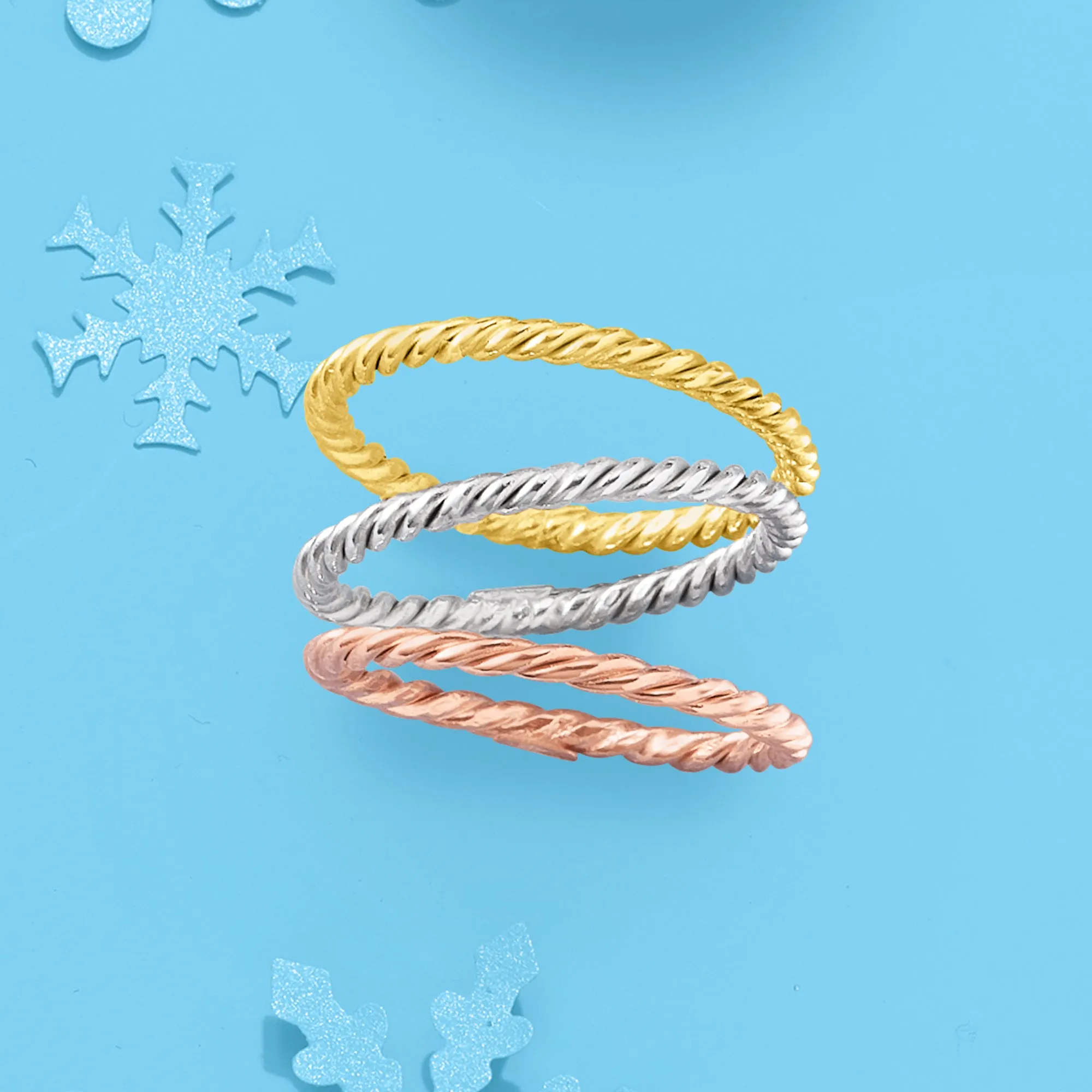 Ross-Simons 18kt Tri-Colored Gold Jewelry Set: 3 Rope-Textured Rings