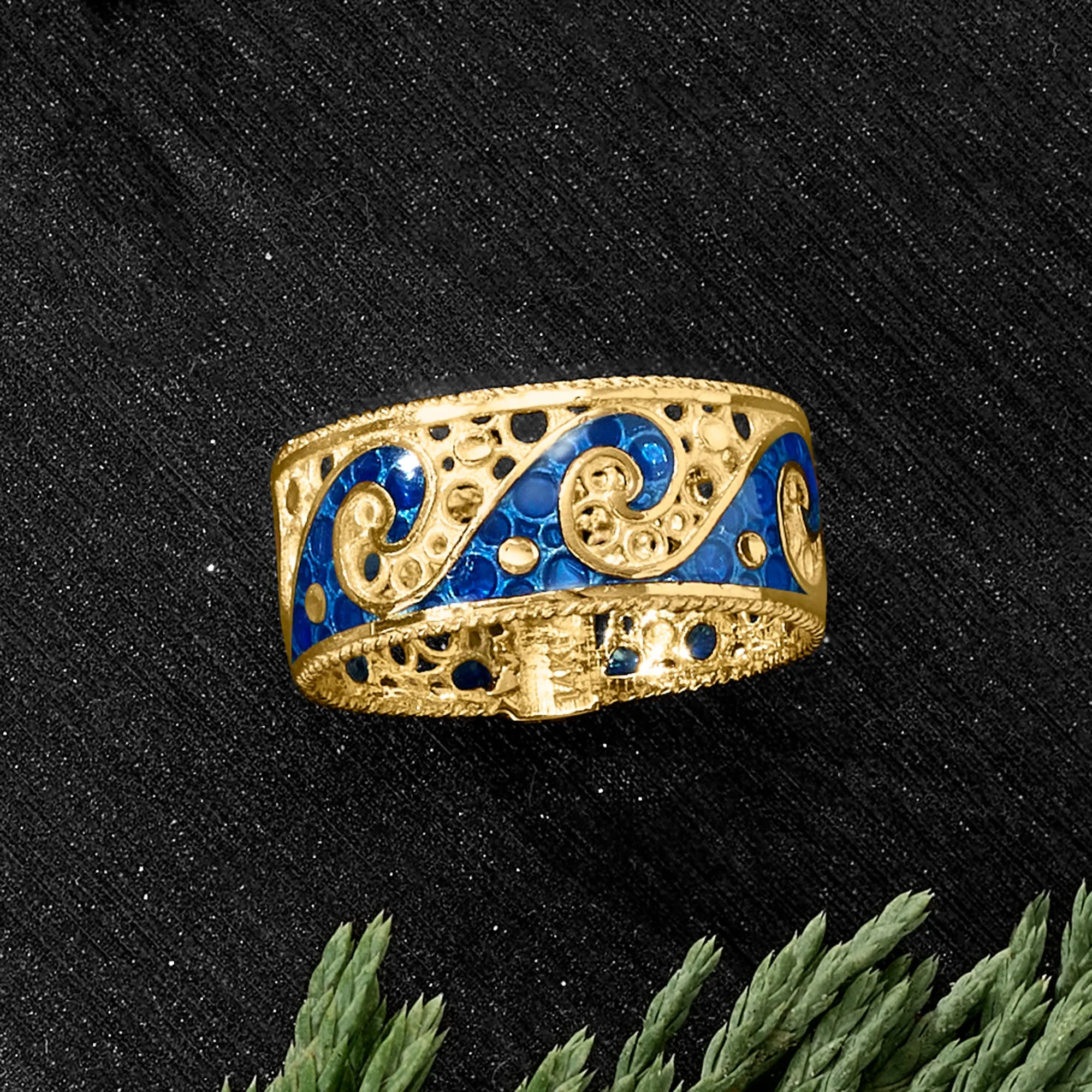 Ross-Simons Italian 14kt Yellow Gold Wave Ring With Blue Enamel