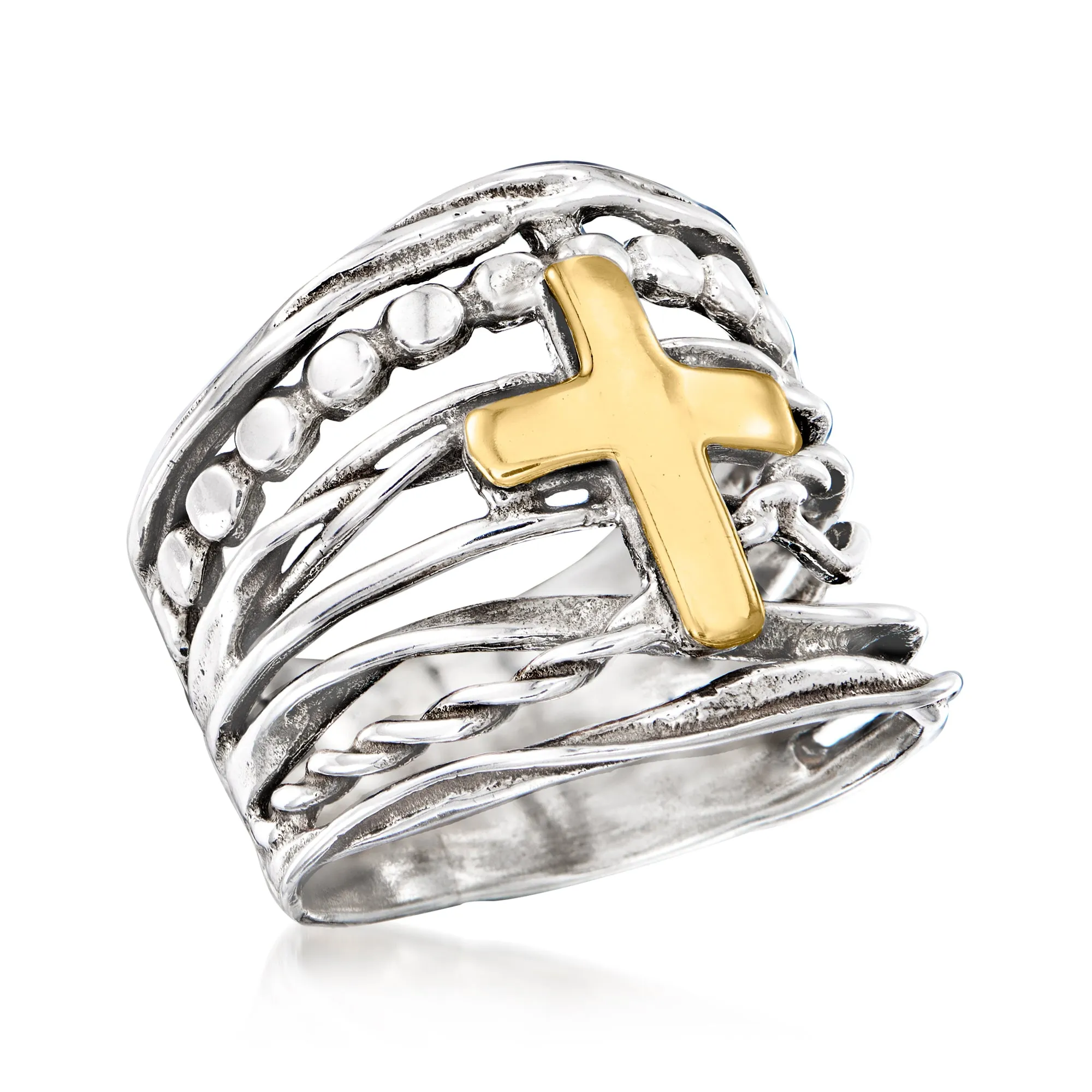 Ross-Simons Sterling Silver and 14kt Yellow Gold Multi-Row Cross Ring