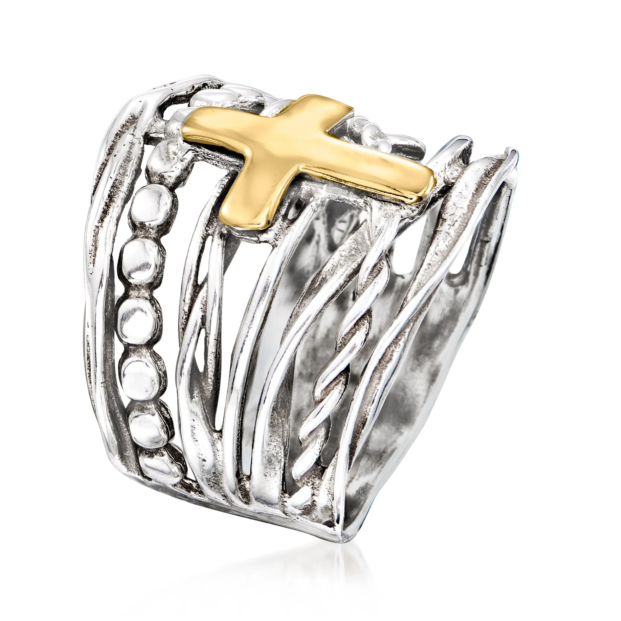 Ross-Simons Sterling Silver and 14kt Yellow Gold Multi-Row Cross Ring