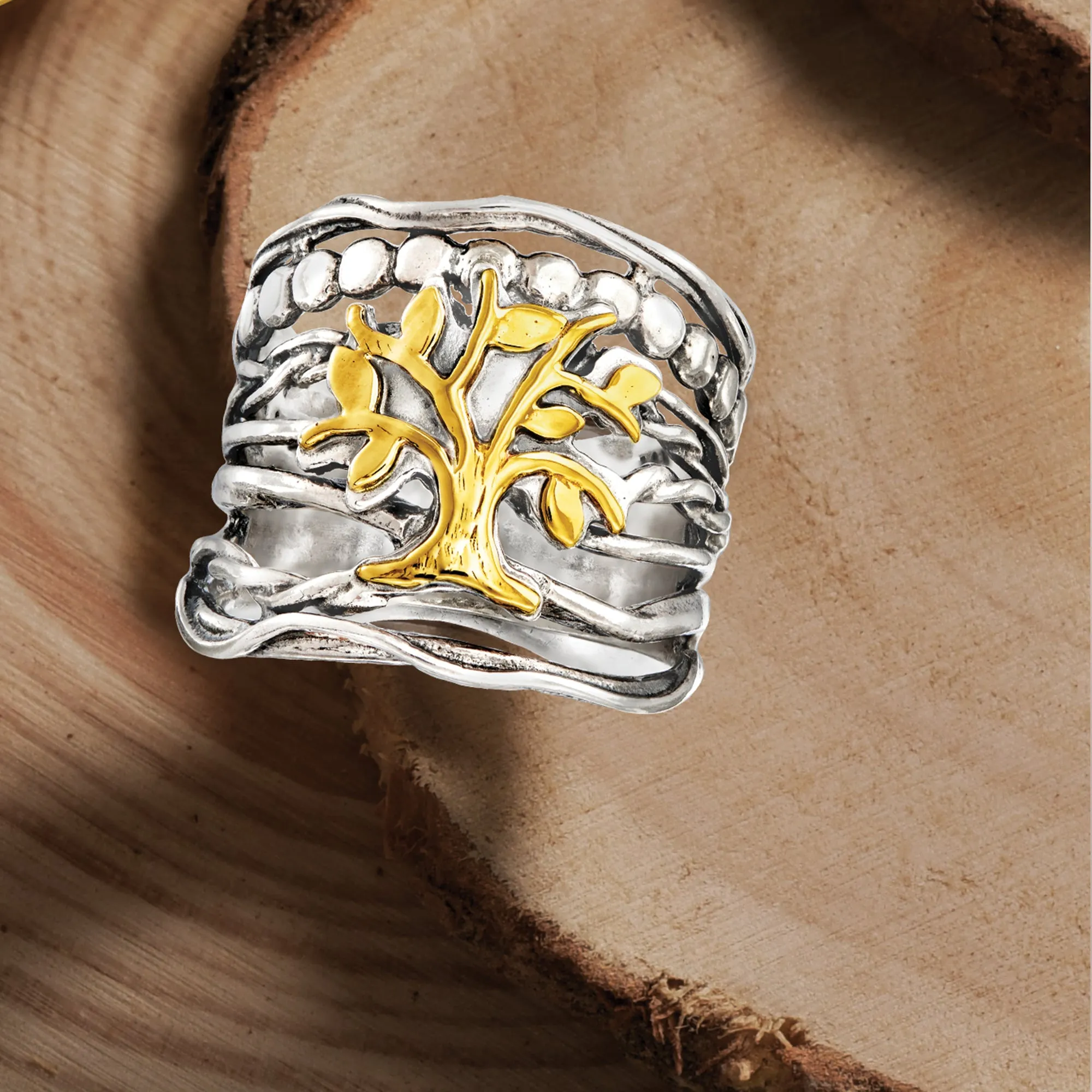 Ross-Simons Sterling Silver and 14kt Yellow Gold Multi-Row Tree Of Life Ring