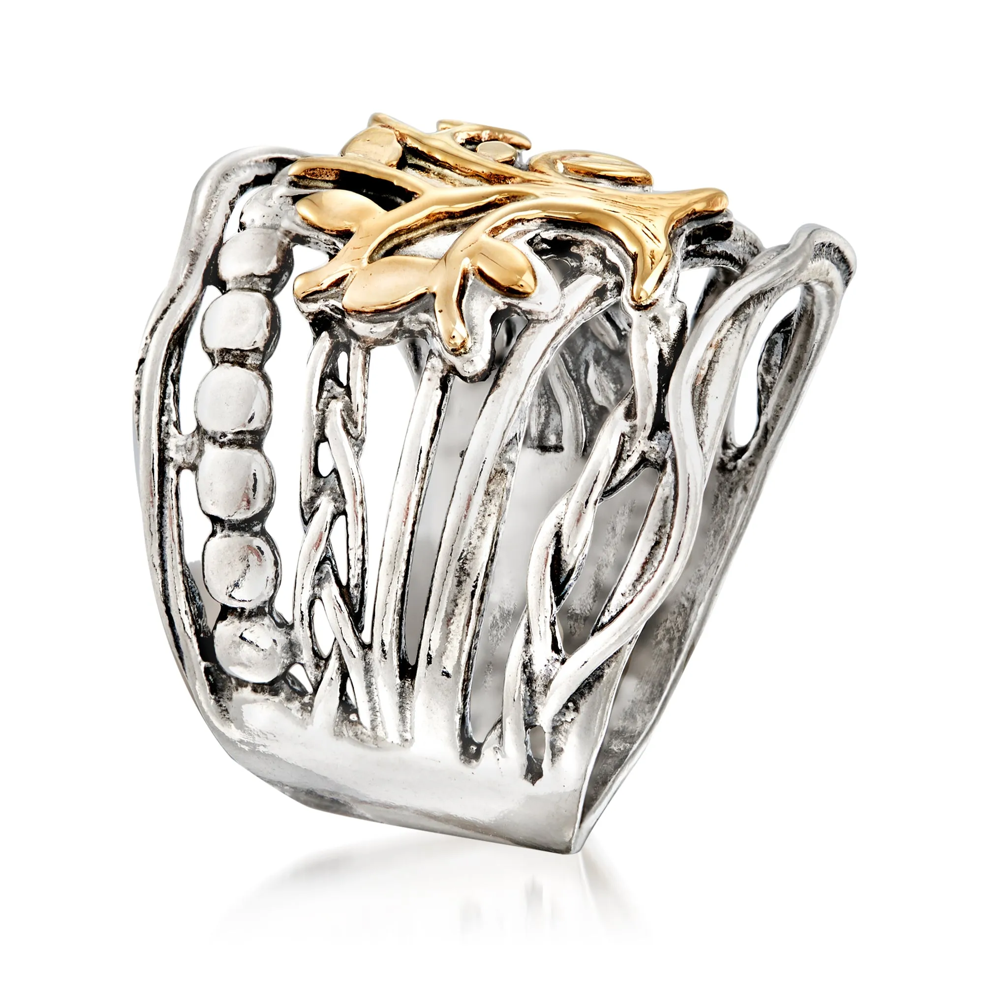Ross-Simons Sterling Silver and 14kt Yellow Gold Multi-Row Tree Of Life Ring