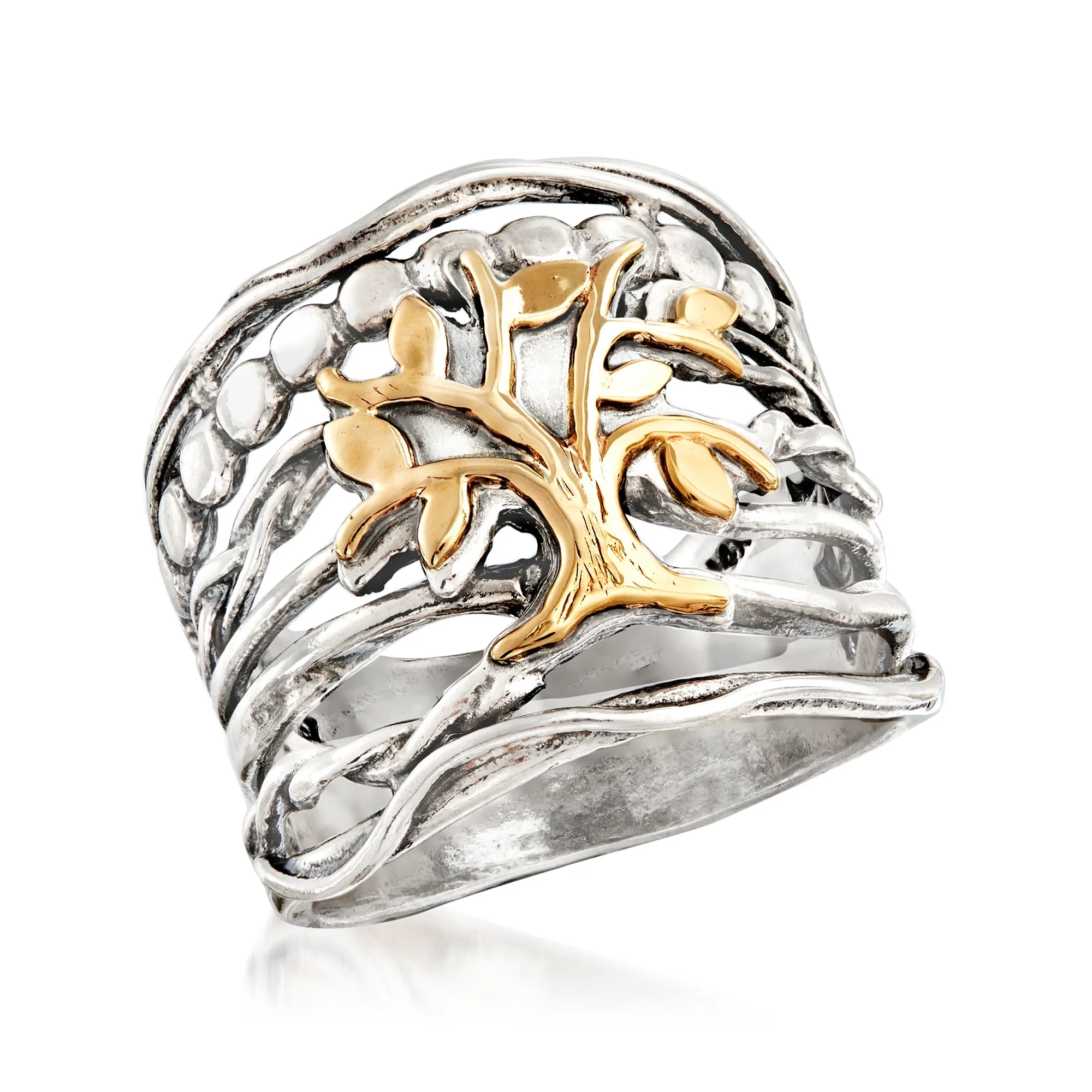 Ross-Simons Sterling Silver and 14kt Yellow Gold Multi-Row Tree Of Life Ring