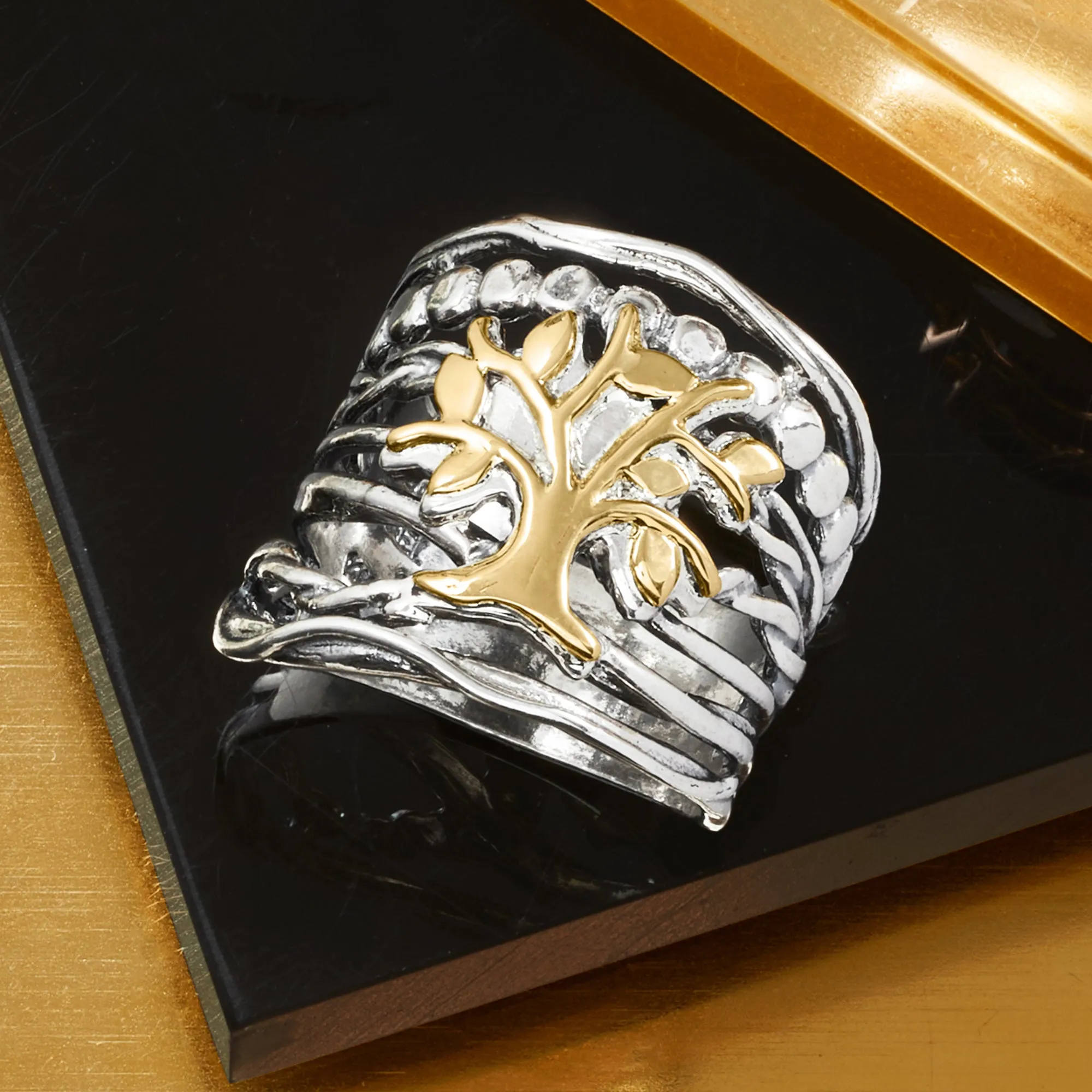 Ross-Simons Sterling Silver and 14kt Yellow Gold Multi-Row Tree Of Life Ring