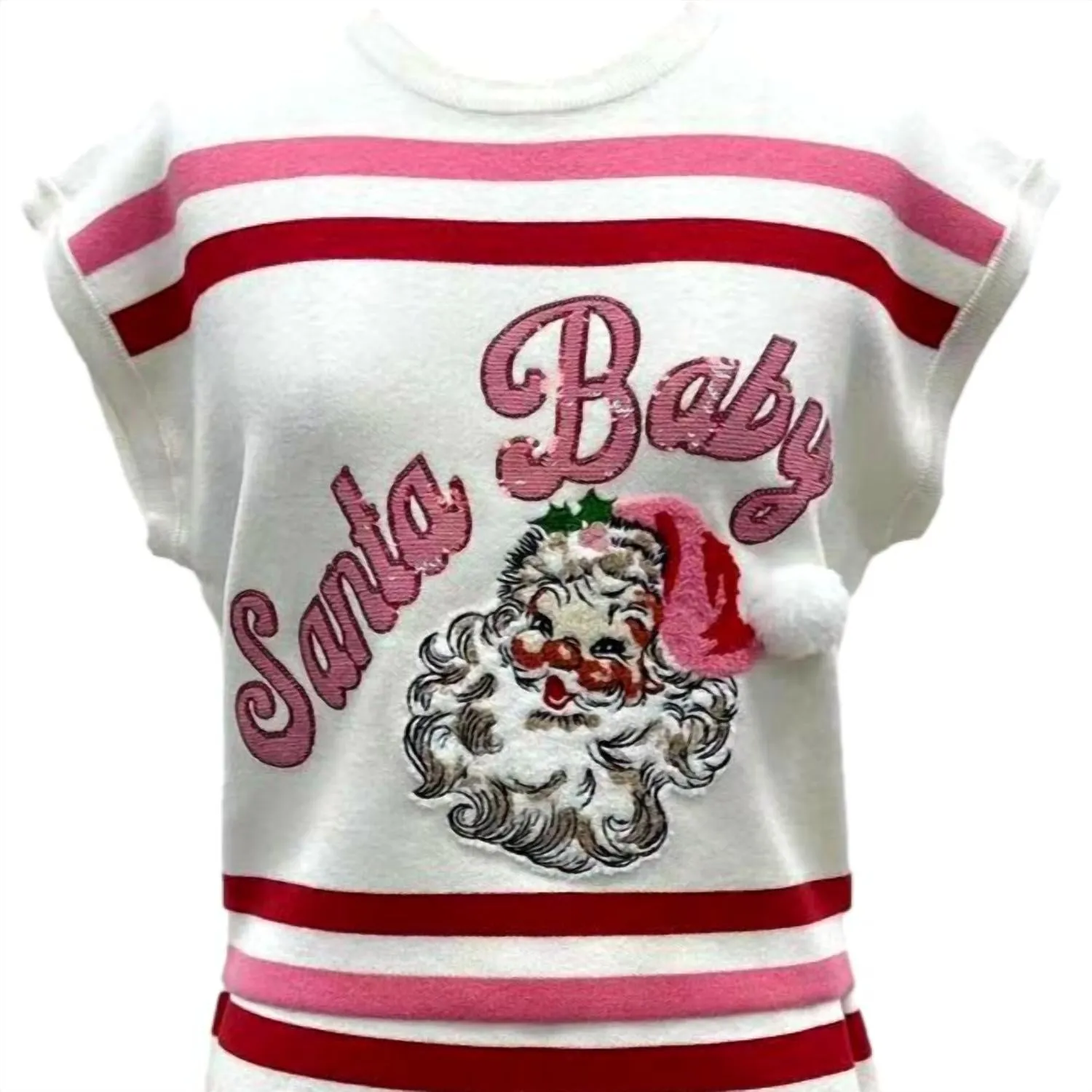 'santa Baby' Fuzzy Santa Top In Red, Pink & White Stripe